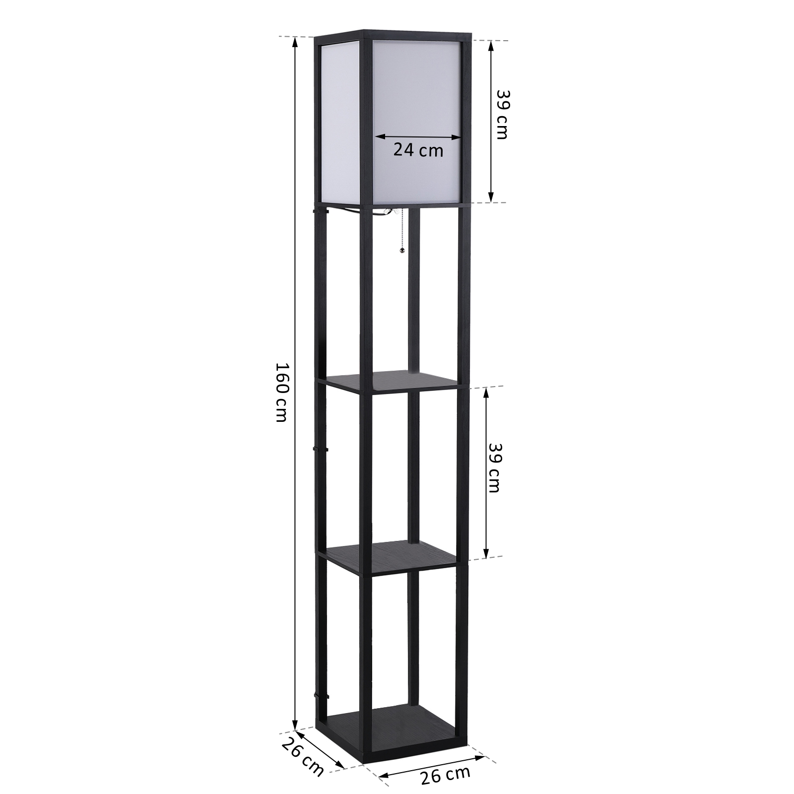 Pastatoma lempa su lentynomis, juoda ir balta, MDF, 26 x 26 x 160 cm - Image 3