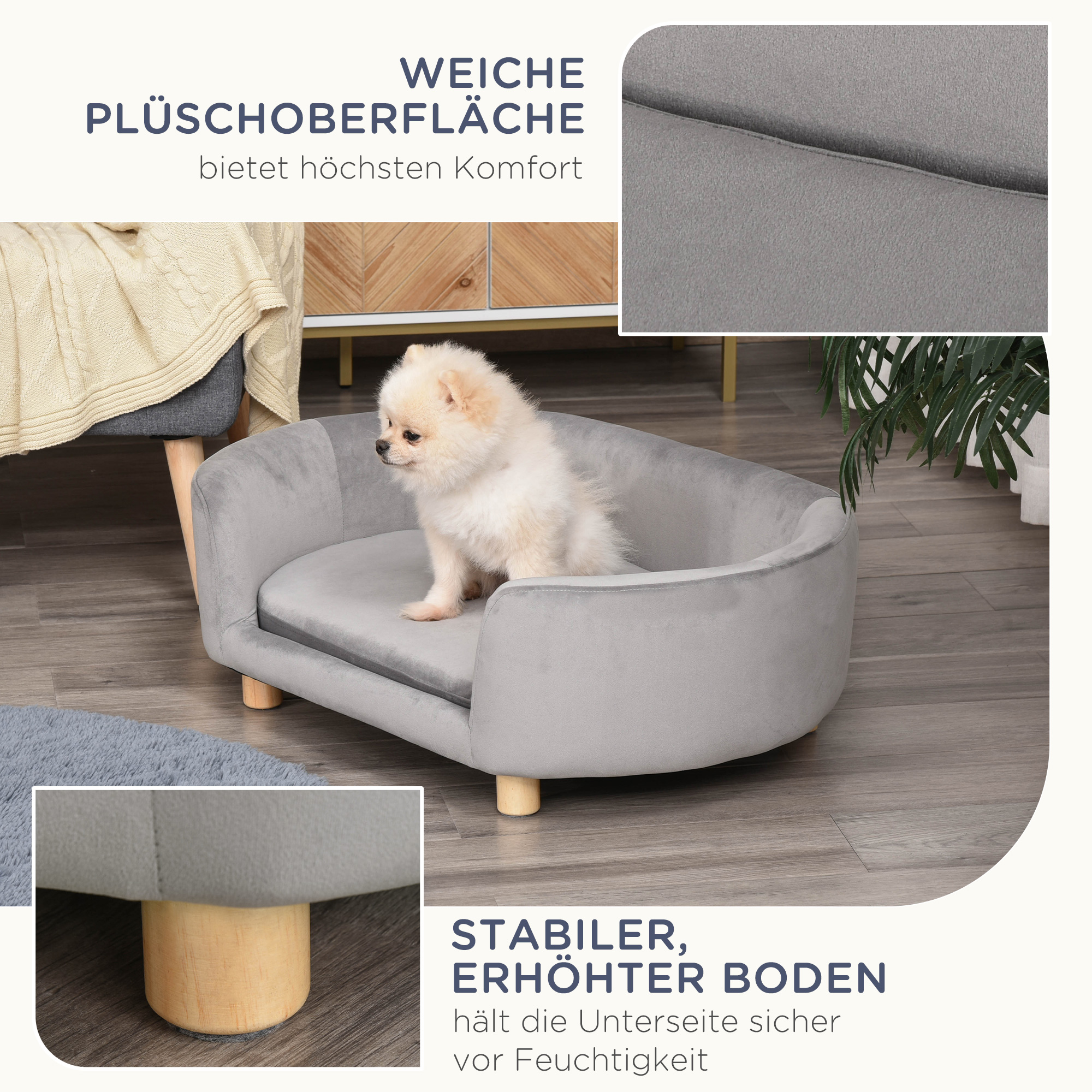 Mājdzīvnieku sofa gulta gaiši pelēka, Dutch velvet, bērza kājas, 86 x 55 x 33 cm - Image 6