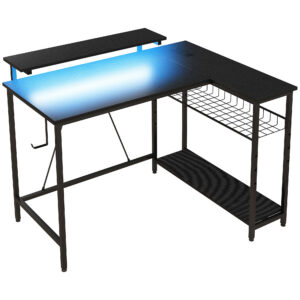 L formos rašomasis stalas su LED, rozetės, USB, juodas, 107 x 80 x 90 cm