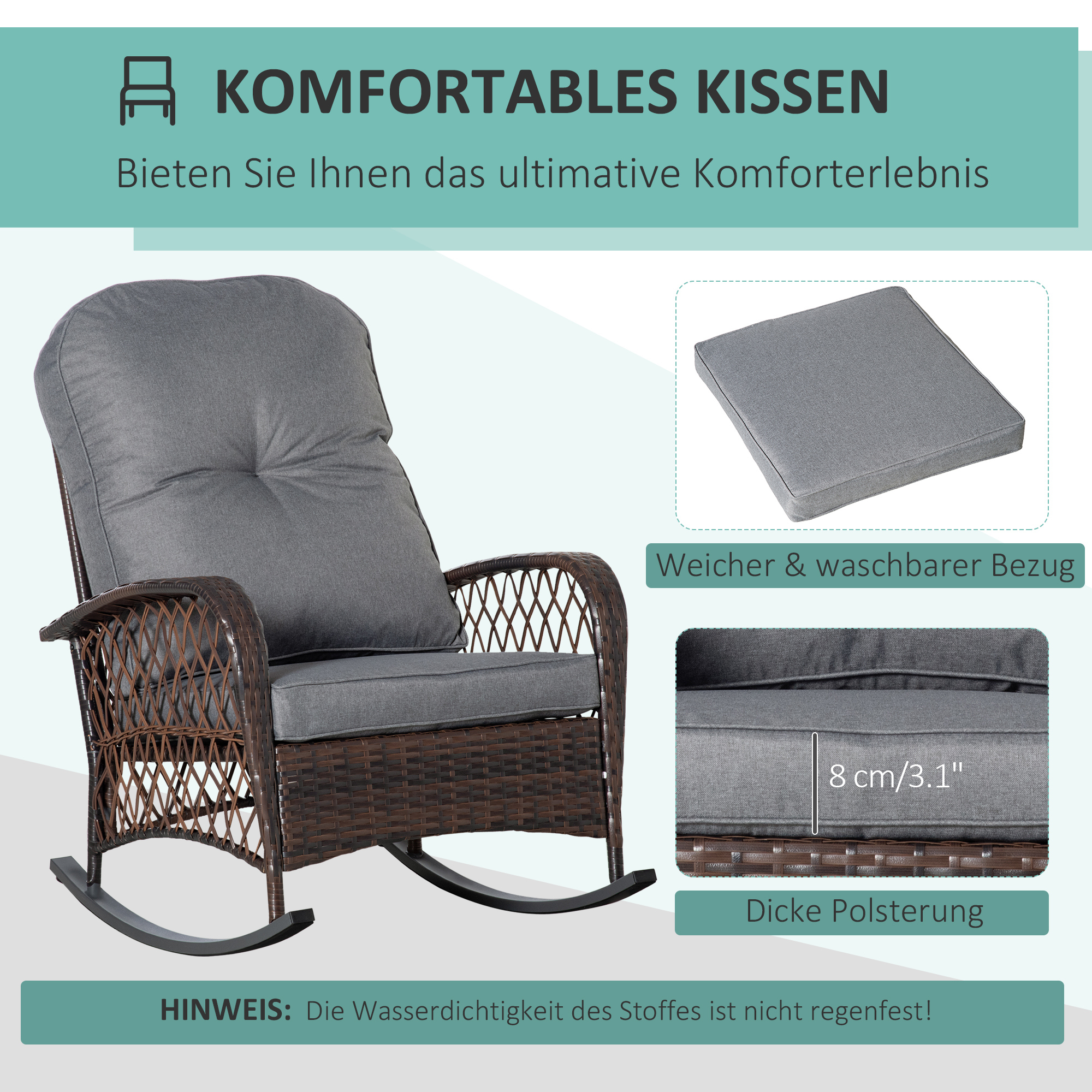 Keinutuoli pehmusteilla ja nappitikkauksella, PE-rottinki, teräs, ruskea ja harmaa, 75 x 98 x 91 cm - Image 5
