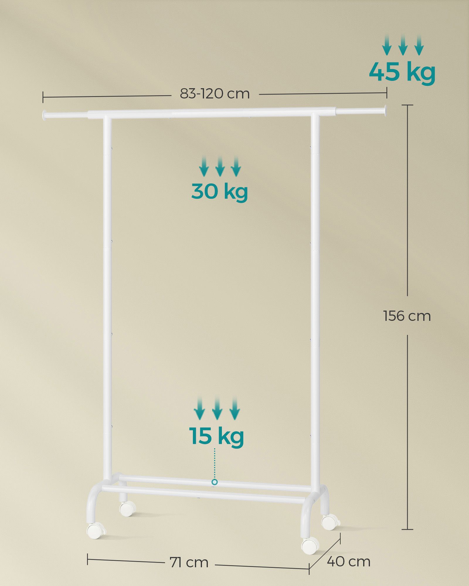 Drabužių stovas su ratukais, plieninis, baltas, 40 x 83–120 x 156 cm, iki 45 kg - Image 6