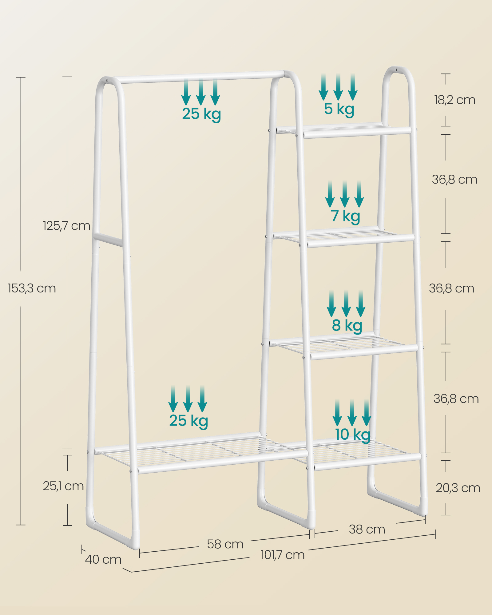 Drabužių stovas su 5 lentynomis, plieninis, baltas, 40 x 101,7 x 153,3 cm - Image 5