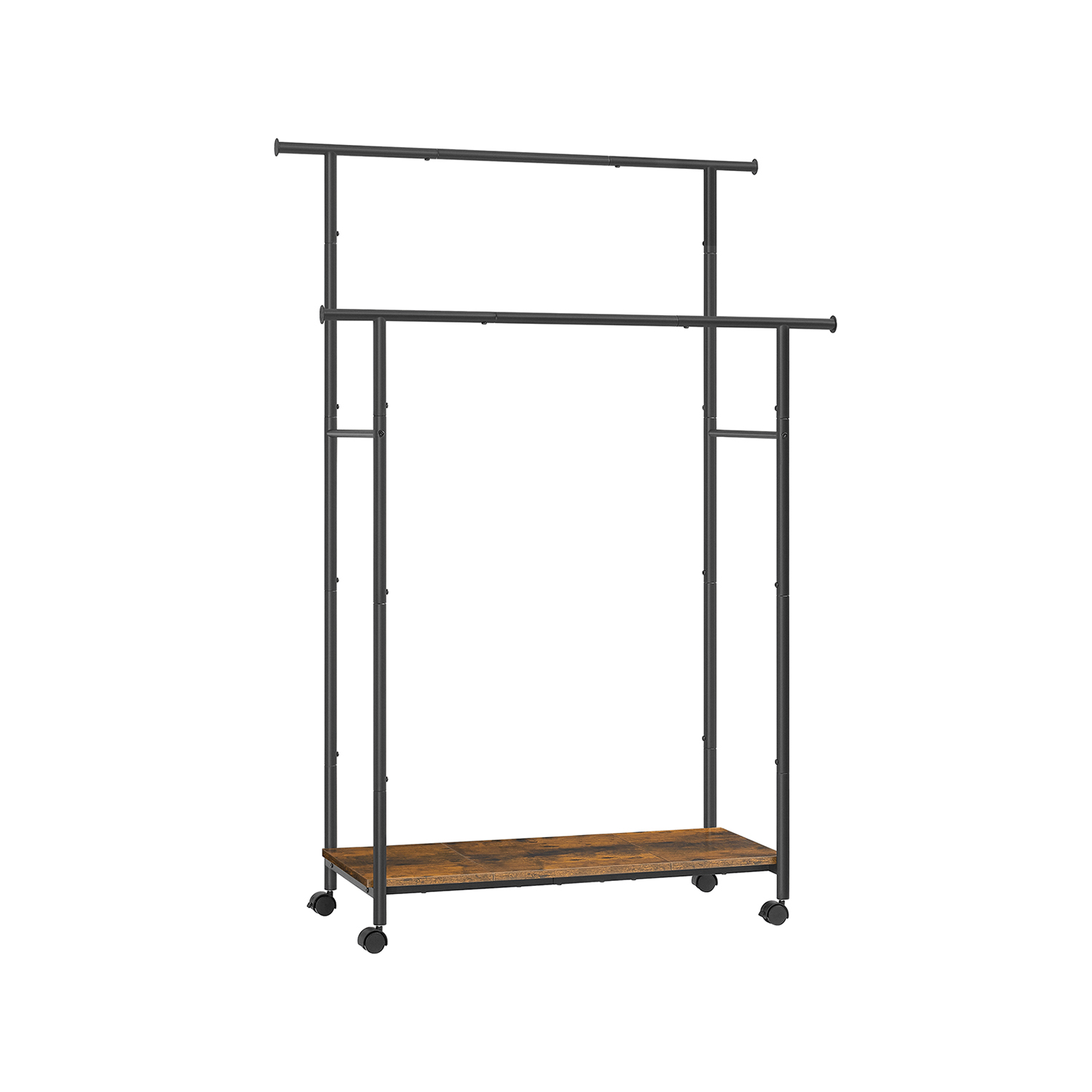 Ratastel riidestange 2 toru ja riiuliga, teras ja puitlaastplaat, 98,5 cm, pruun/must
