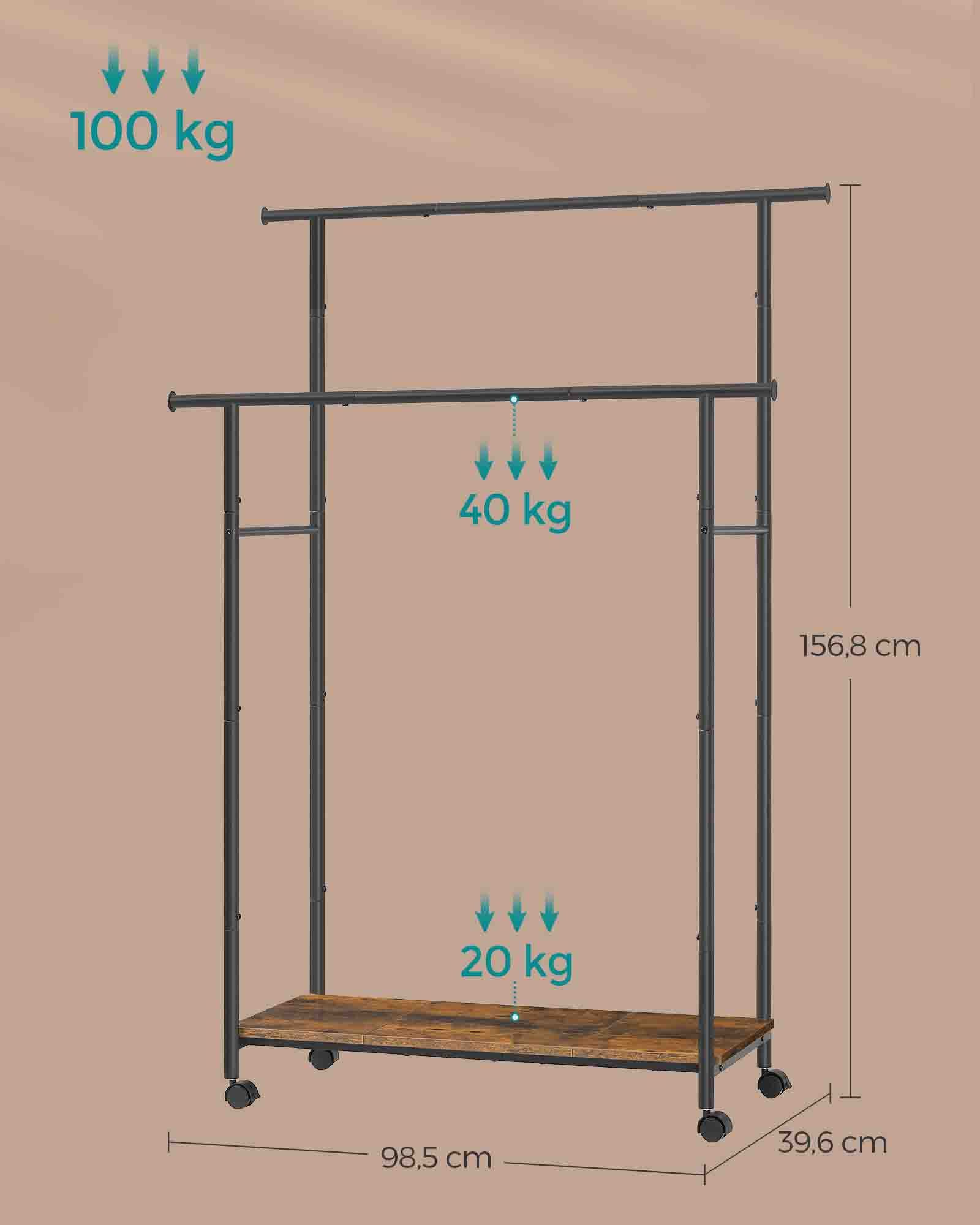 Drabužių stovas su ratukais, 2 skersiniai, lentyna, plienas ir medžio drožlių plokštė, 98,5 cm - Image 8
