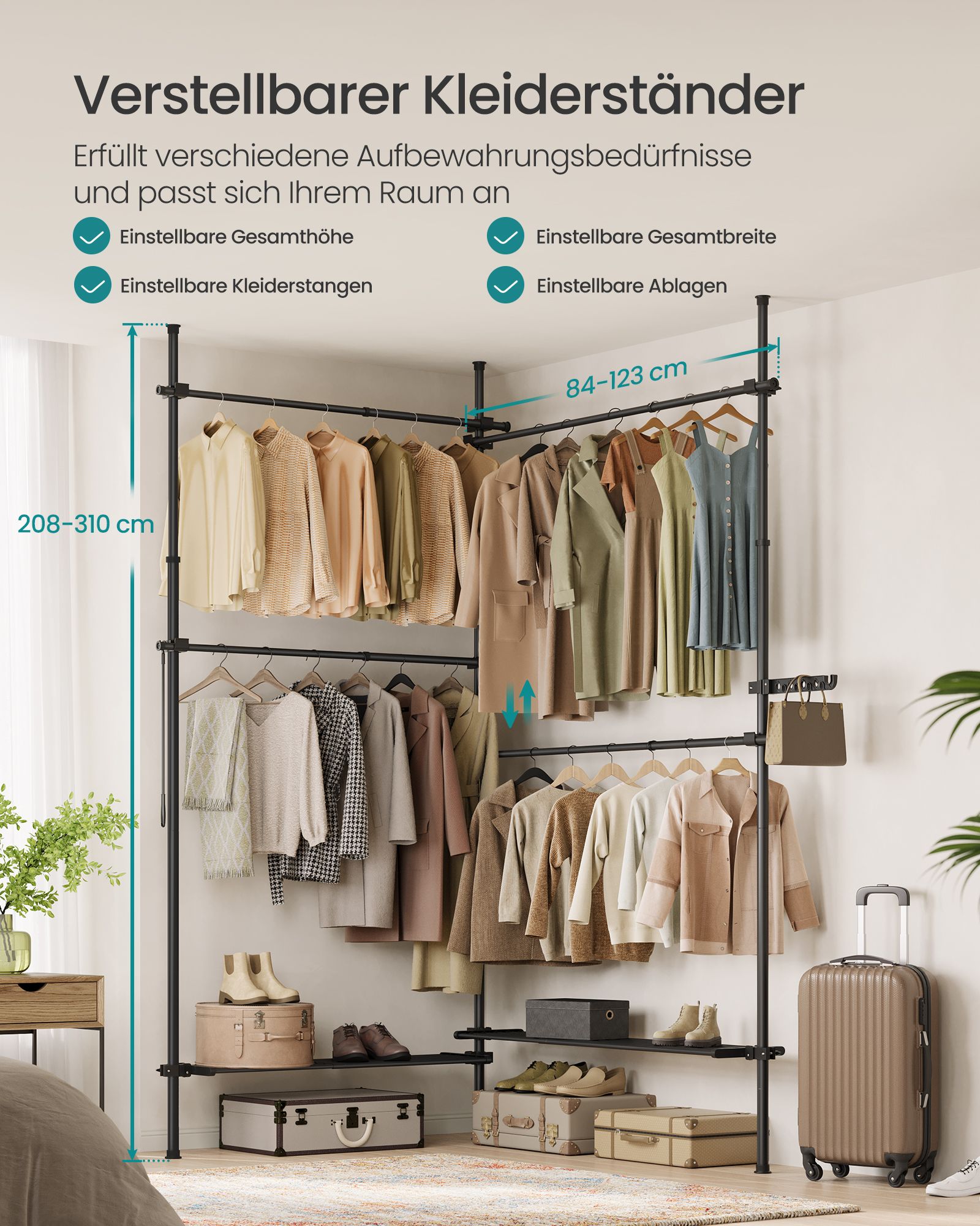 Drēbju statīvs ar regulējamu platumu un augstumu, 33,5 x 162–238 x 208–310 cm, matēti melns - Image 3