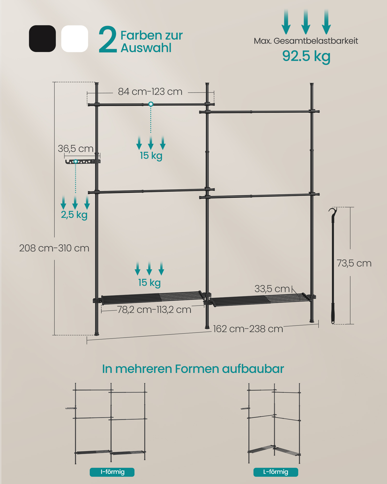 Drēbju statīvs ar regulējamu platumu un augstumu, 33,5 x 162–238 x 208–310 cm, matēti melns - Image 6