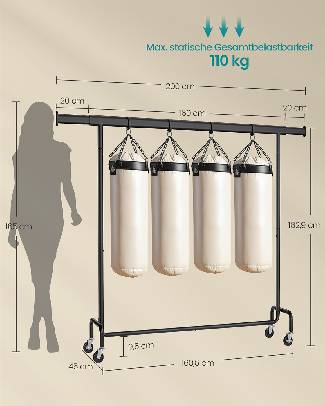 Drabužių stovas su ratukais, juodas, plieninis, 45 x 160–200 x 162,9 cm, iki 110 kg - Image 6