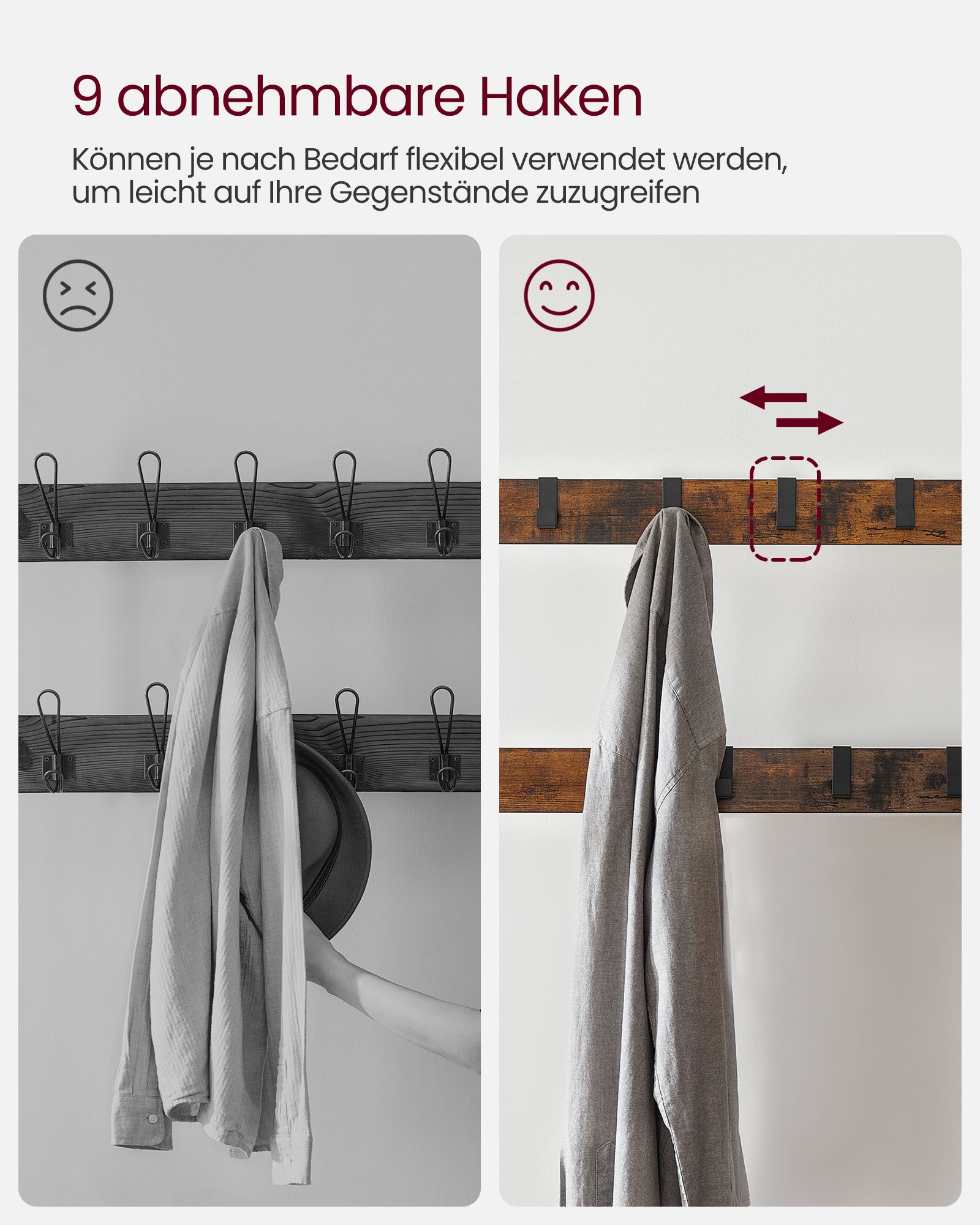 Prieškambario kabykla su suoliuku, 84 x 33,7 x 183 cm, 9 nuimami kabliukai, ruda ir juoda - Image 5