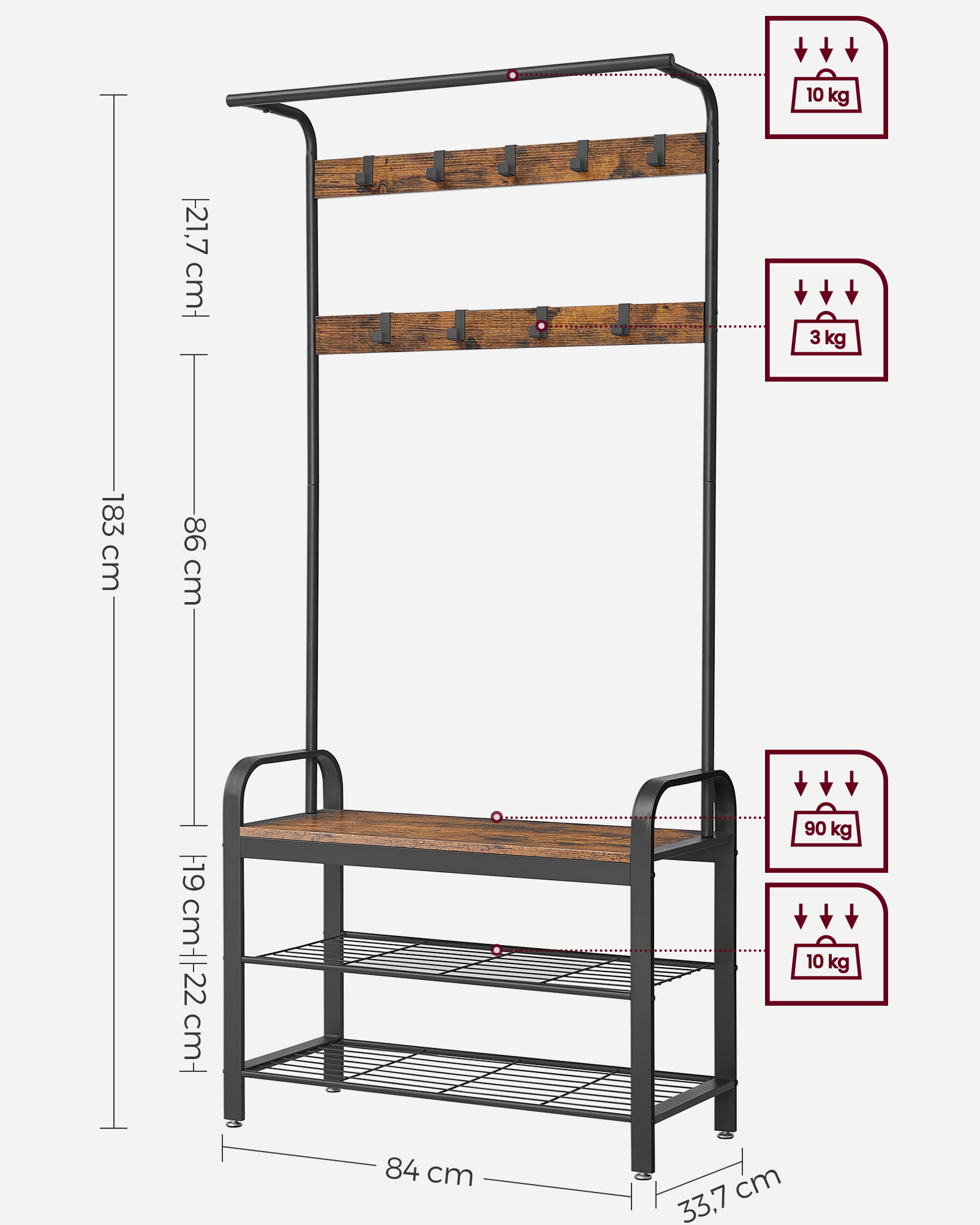 Prieškambario kabykla su suoliuku, 84 x 33,7 x 183 cm, 9 nuimami kabliukai, ruda ir juoda - Image 6