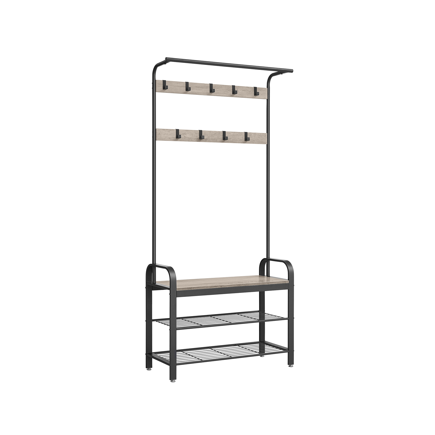 Eteisen naulakko kenkähyllyillä ja istuimella, 9 koukkua, 33,7 x 84 x 183 cm, greige-musta