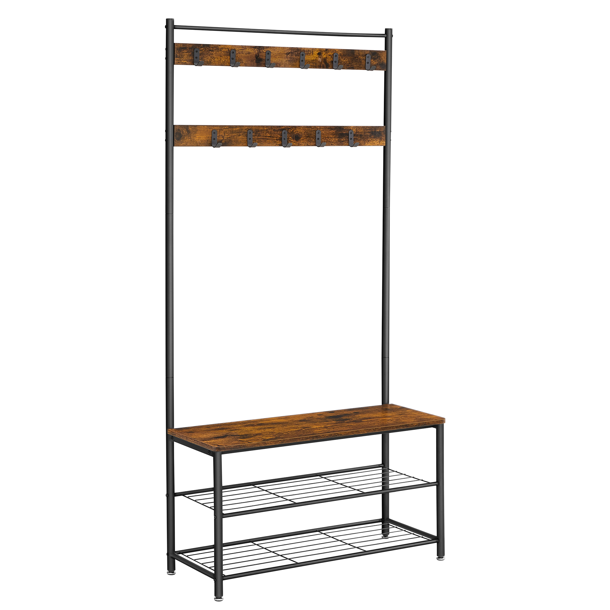Eteisteline naulakko 3 hyllyllä ja istuinosalla, 32 x 85 x 175 cm, ruskea-musta