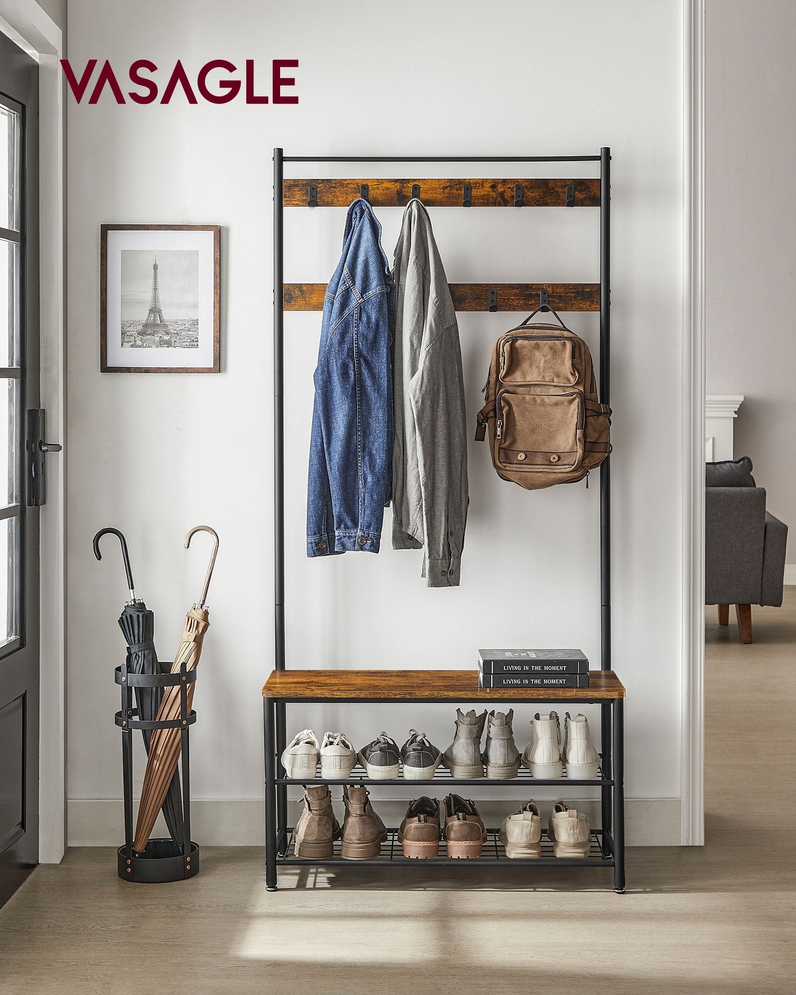 Priekšnama pakaramais ar 3 plauktiem, sēdvietu, 32 x 85 x 175 cm, brūns-melns - Image 2