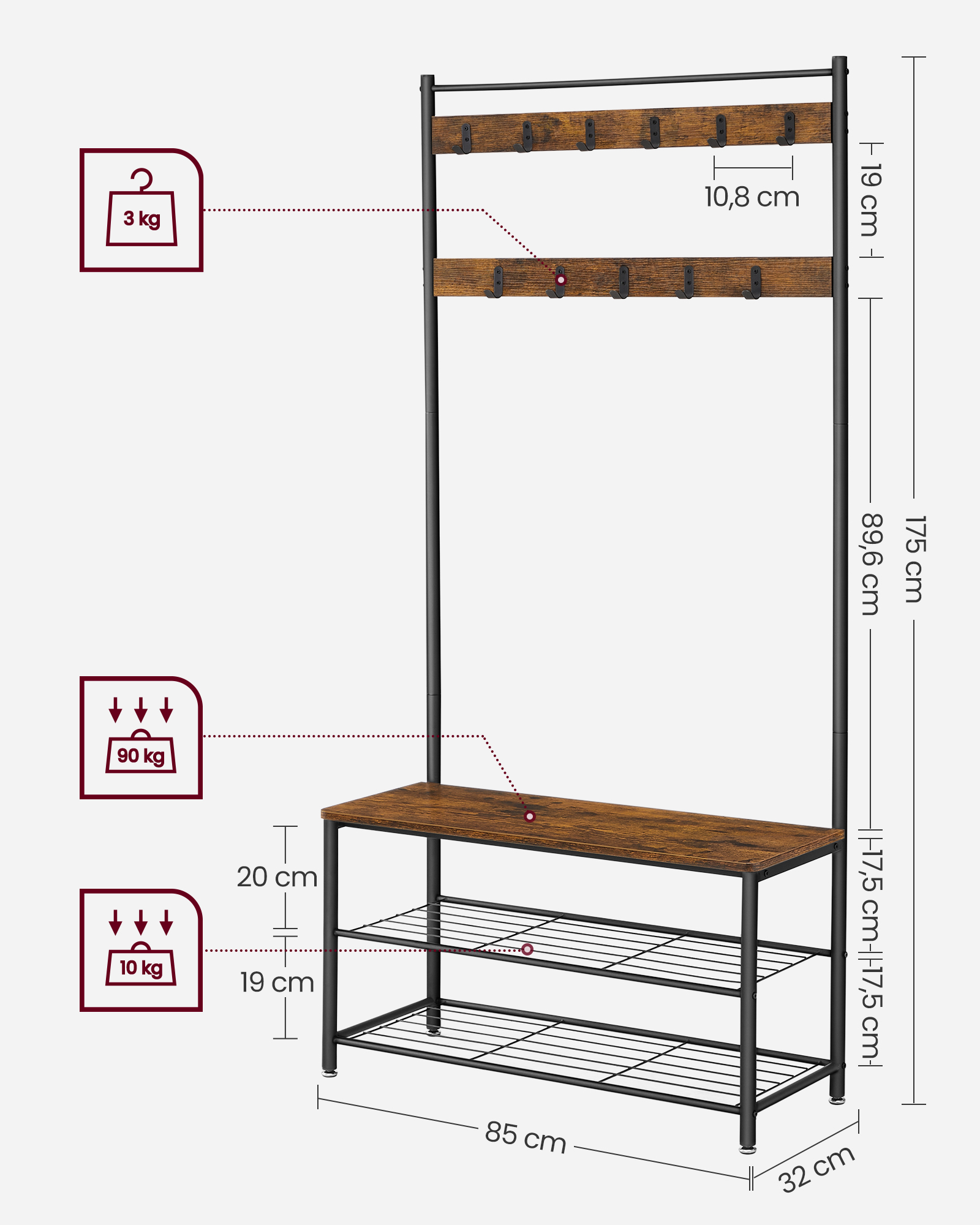 Priekšnama pakaramais ar 3 plauktiem, sēdvietu, 32 x 85 x 175 cm, brūns-melns - Image 7