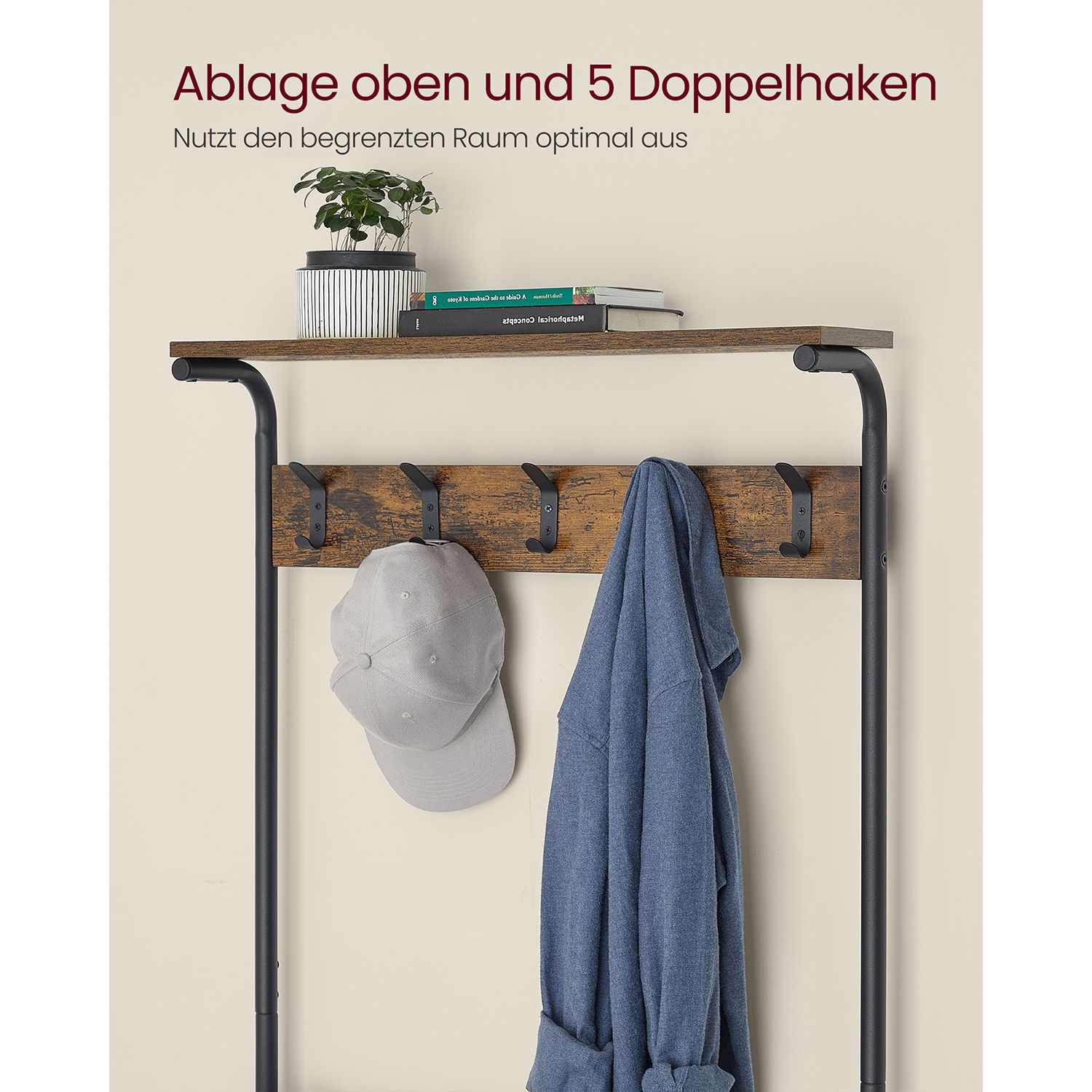 Drēbju statīvs ar apavu plauktu, 5 plaukti, 5 dubultā āķi, 31,5 x 68 x 183,5 cm, brūns melns - Image 4