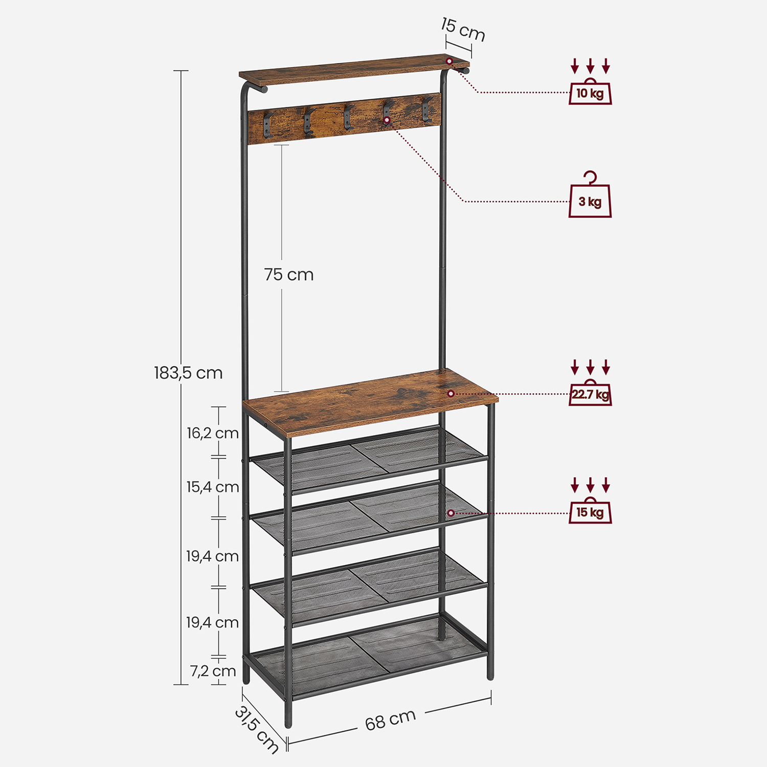 Drēbju statīvs ar apavu plauktu, 5 plaukti, 5 dubultā āķi, 31,5 x 68 x 183,5 cm, brūns melns - Image 7