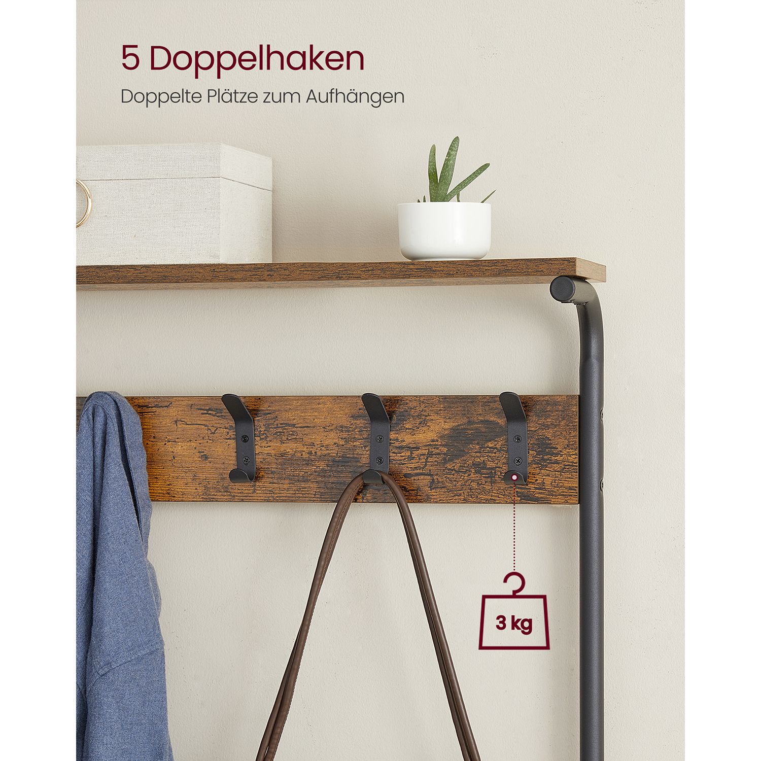 Drēbju statīvs ar apavu plauktu, 5 plaukti, 5 dubultā āķi, 31,5 x 68 x 183,5 cm, brūns melns - Image 8