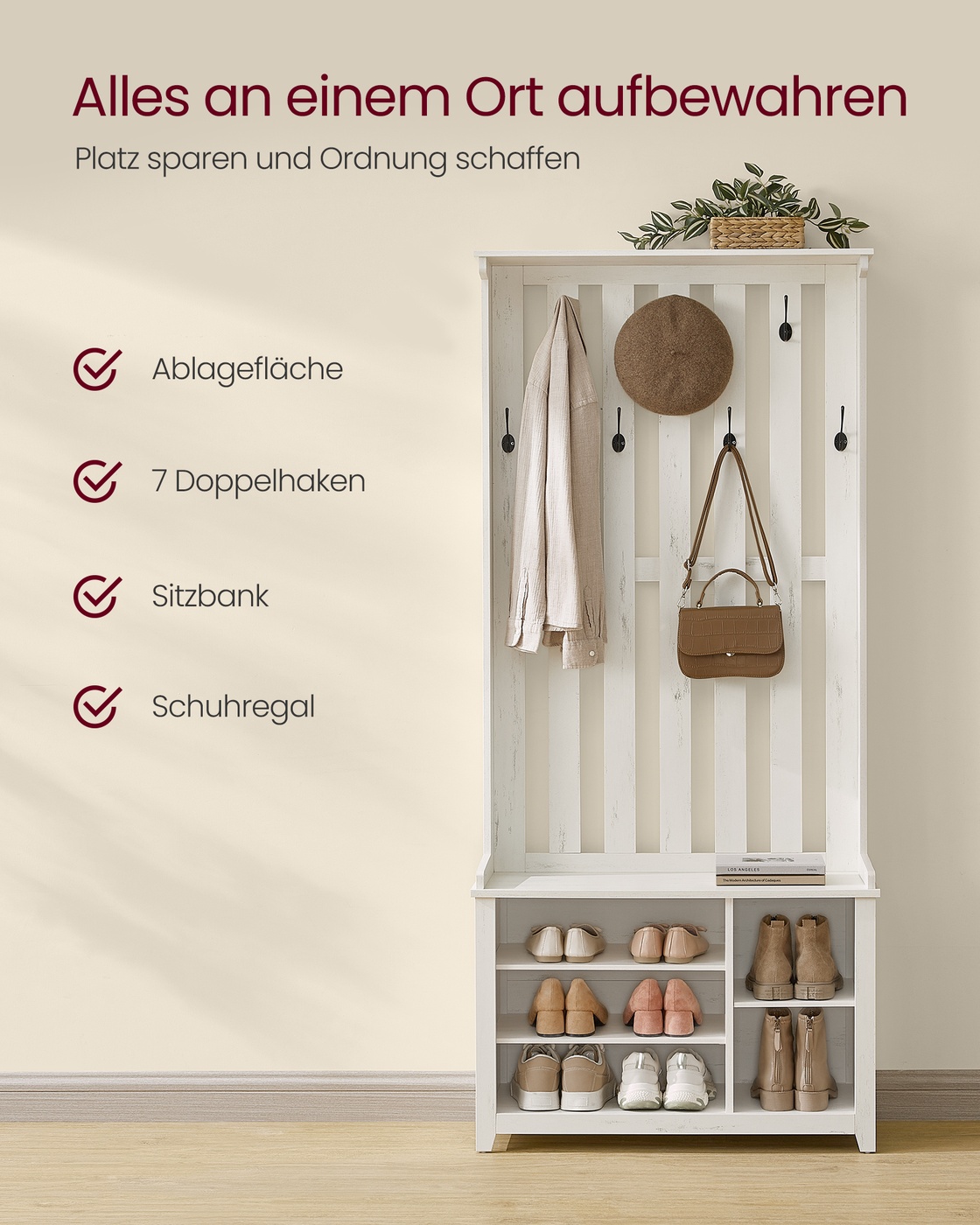 Priekšnama statīvs ar plauktu un 7 dubultajiem āķiem, 35 x 81 x 180 cm, vintage balts - Image 3