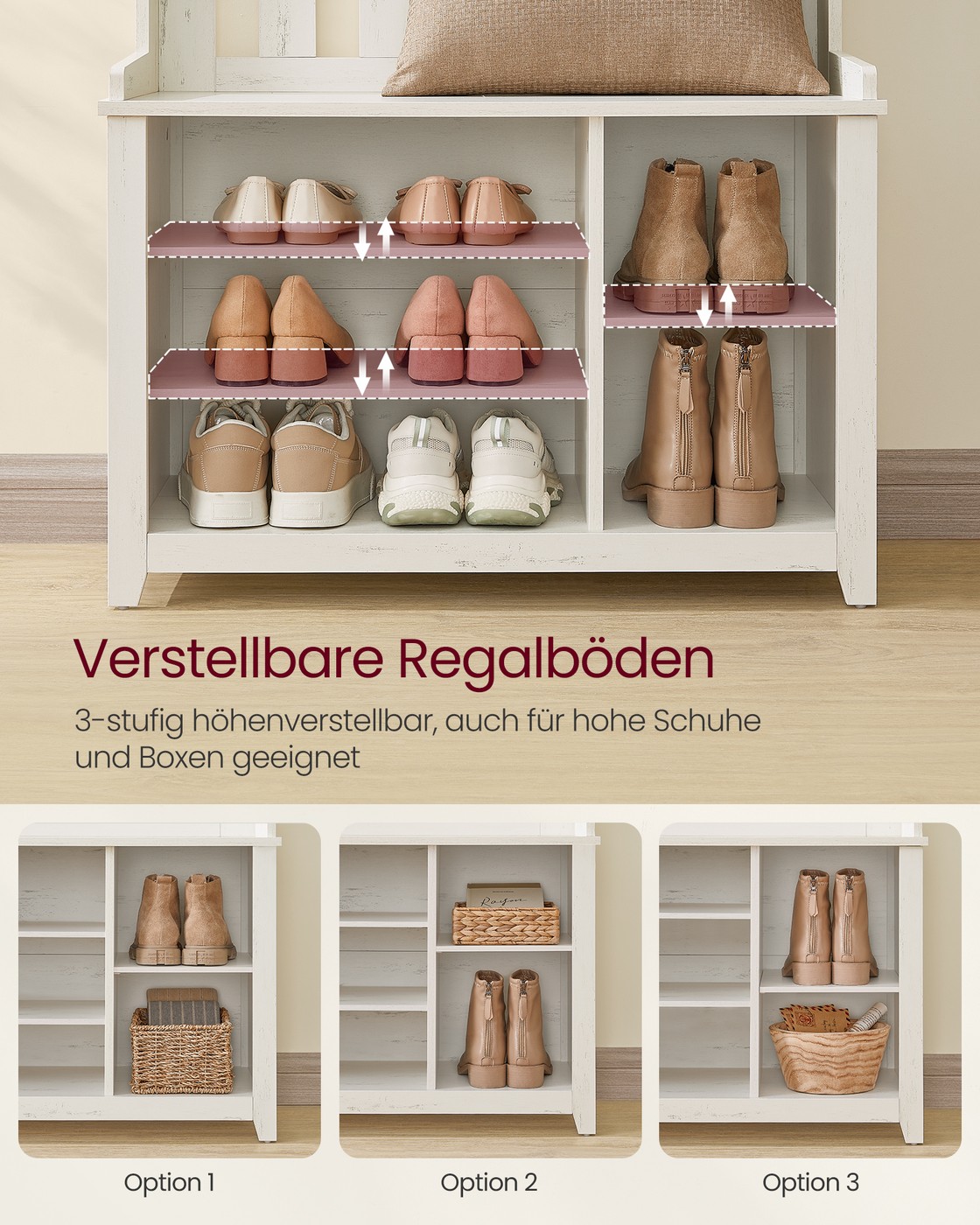 Priekšnama statīvs ar plauktu un 7 dubultajiem āķiem, 35 x 81 x 180 cm, vintage balts - Image 4