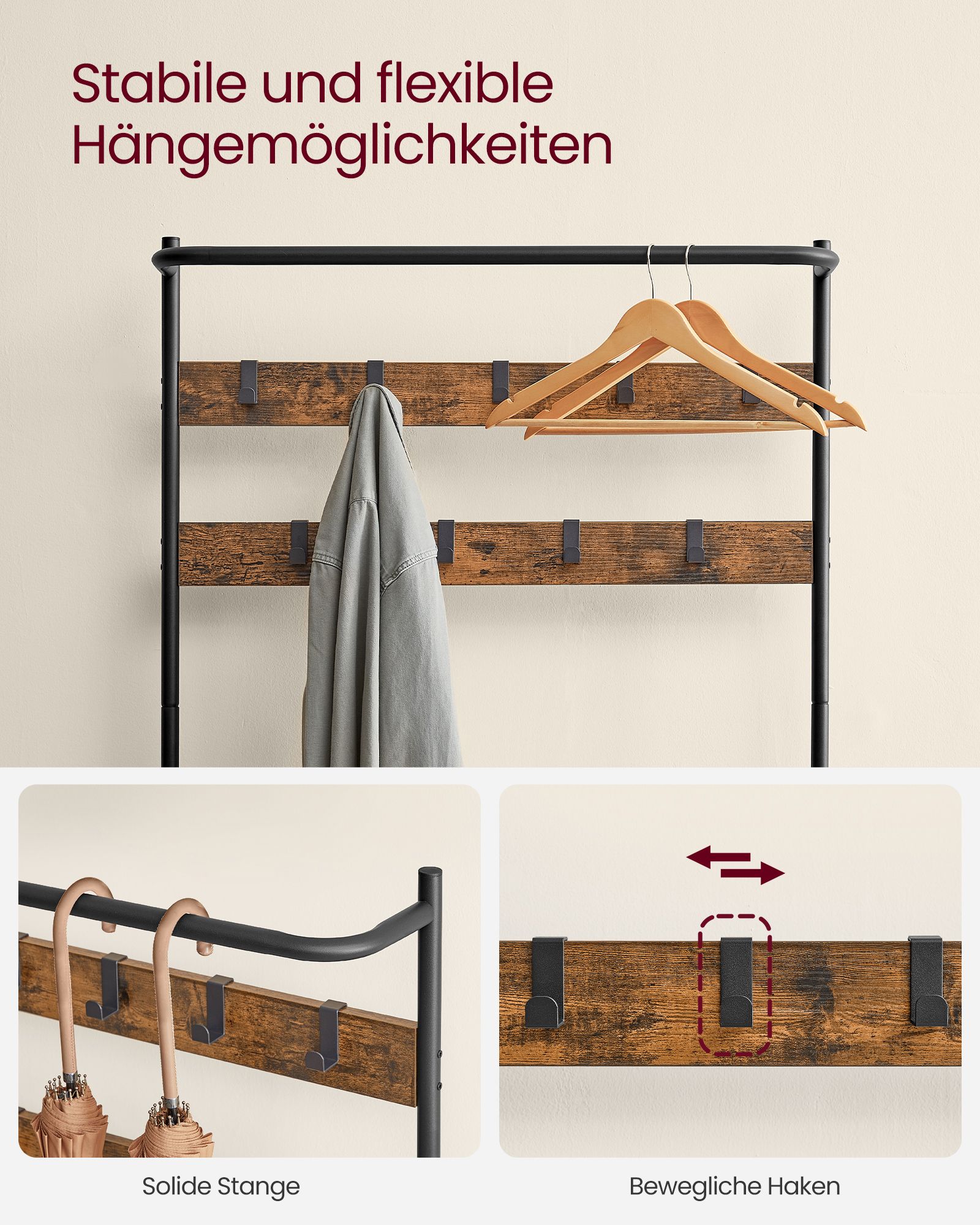 Priekšnama drēbju statīvs ar apavu soliņu, 32,2 x 84 x 180 cm, vintage brūns-melns - Image 5