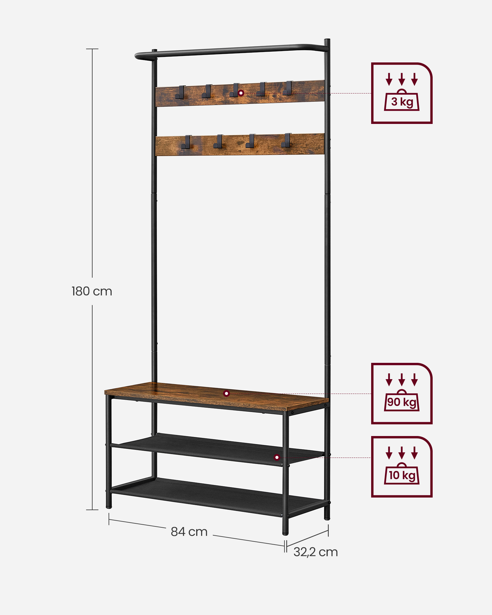 Priekšnama drēbju statīvs ar apavu soliņu, 32,2 x 84 x 180 cm, vintage brūns-melns - Image 6