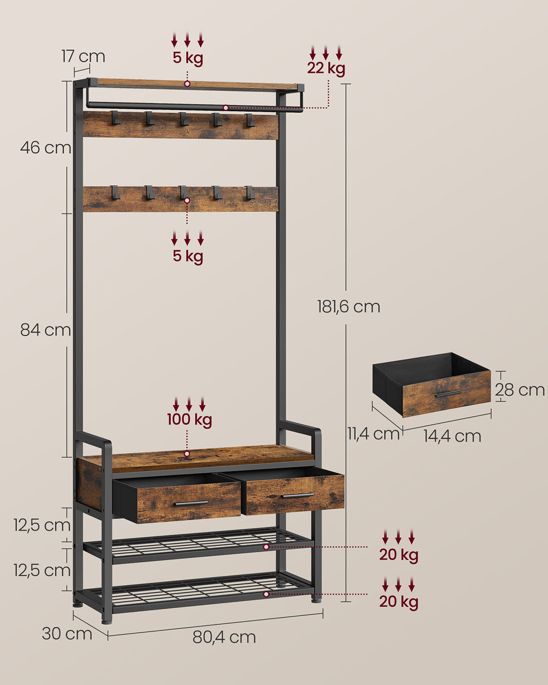 Prieškambario kabykla su batų suoliuku, 10 kabliukų, 2 medžiaginiai stalčiai, 30 x 80,4 x 181,6 cm - Image 6