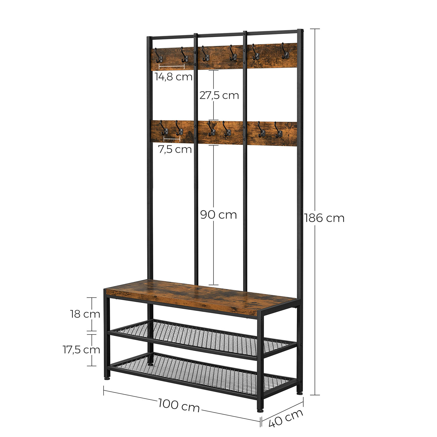 Priekšnama drēbju statīvs ar apavu soliņu, 100 x 40 x 184 cm, 12 āķi, brūns/melns - Image 8