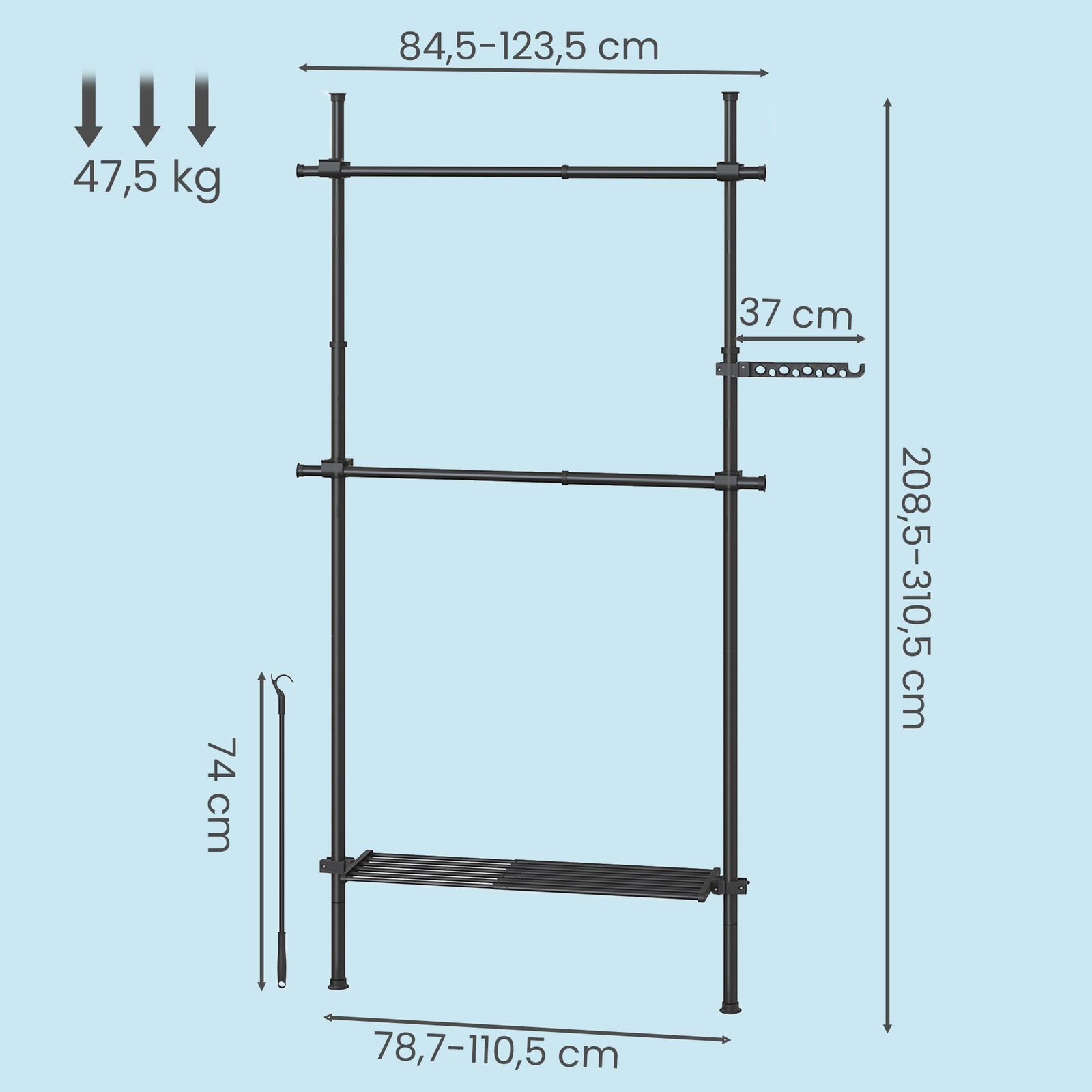 Drabužių stovas, 3 pakopų, reguliuojamo aukščio ir pločio, 33,5 x 84–123 x 220–300 cm, juodas - Image 3
