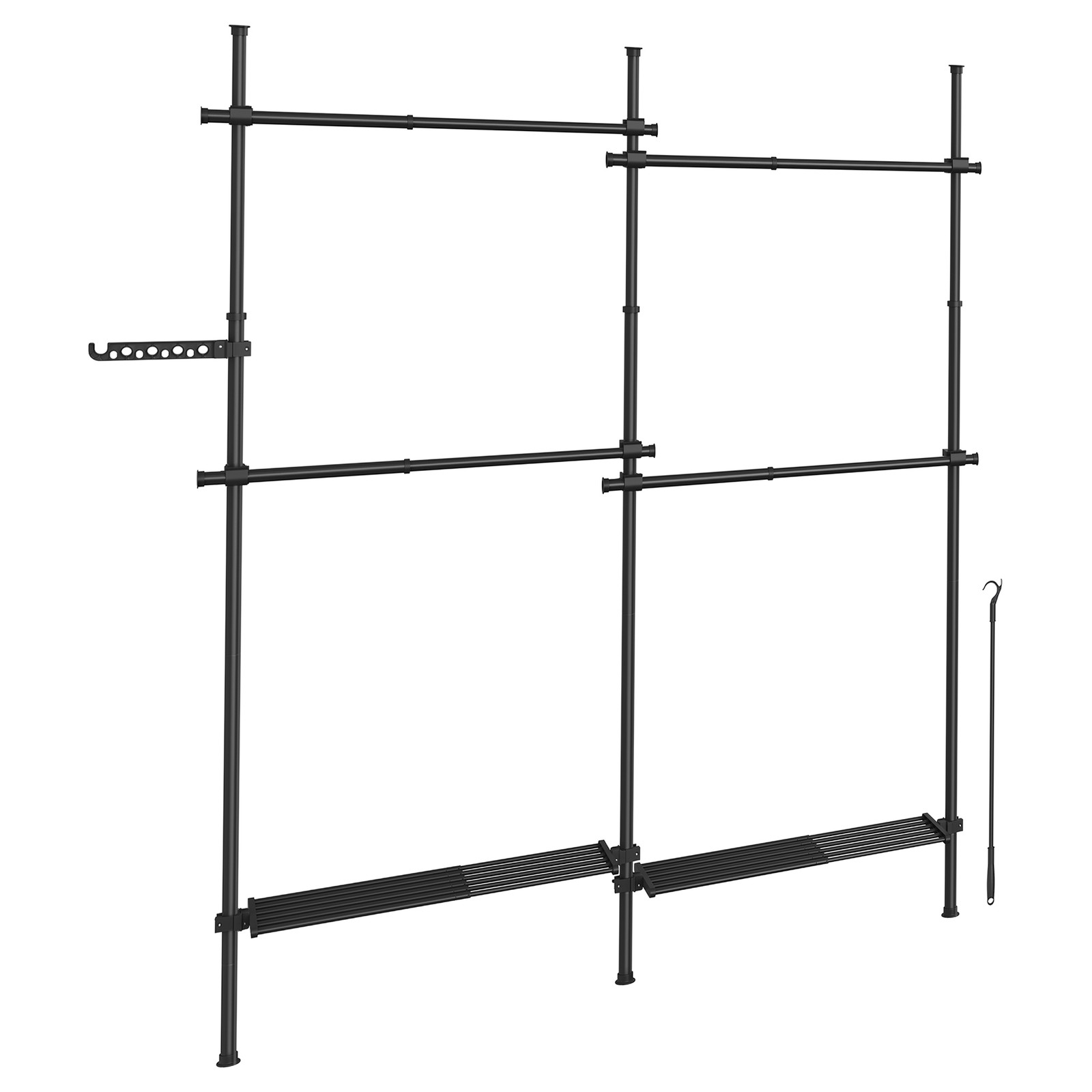 3-tasoinen vaateteline, säädettävä korkeus ja leveys, 33,5 x 162–238 x 220–300 cm, musta