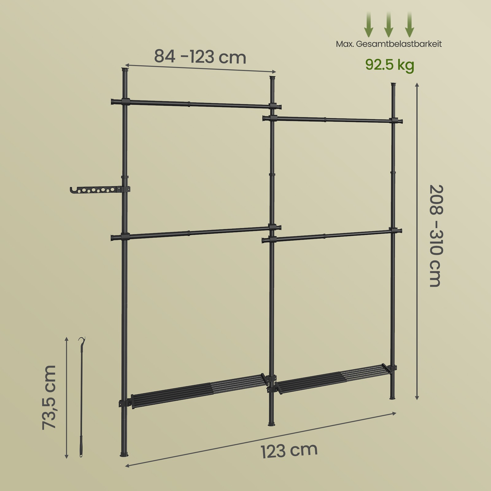 3-astmeline riidestange reguleeritava kõrguse ja laiusega, 33,5 x 162–238 x 220–300 cm, must - Image 3