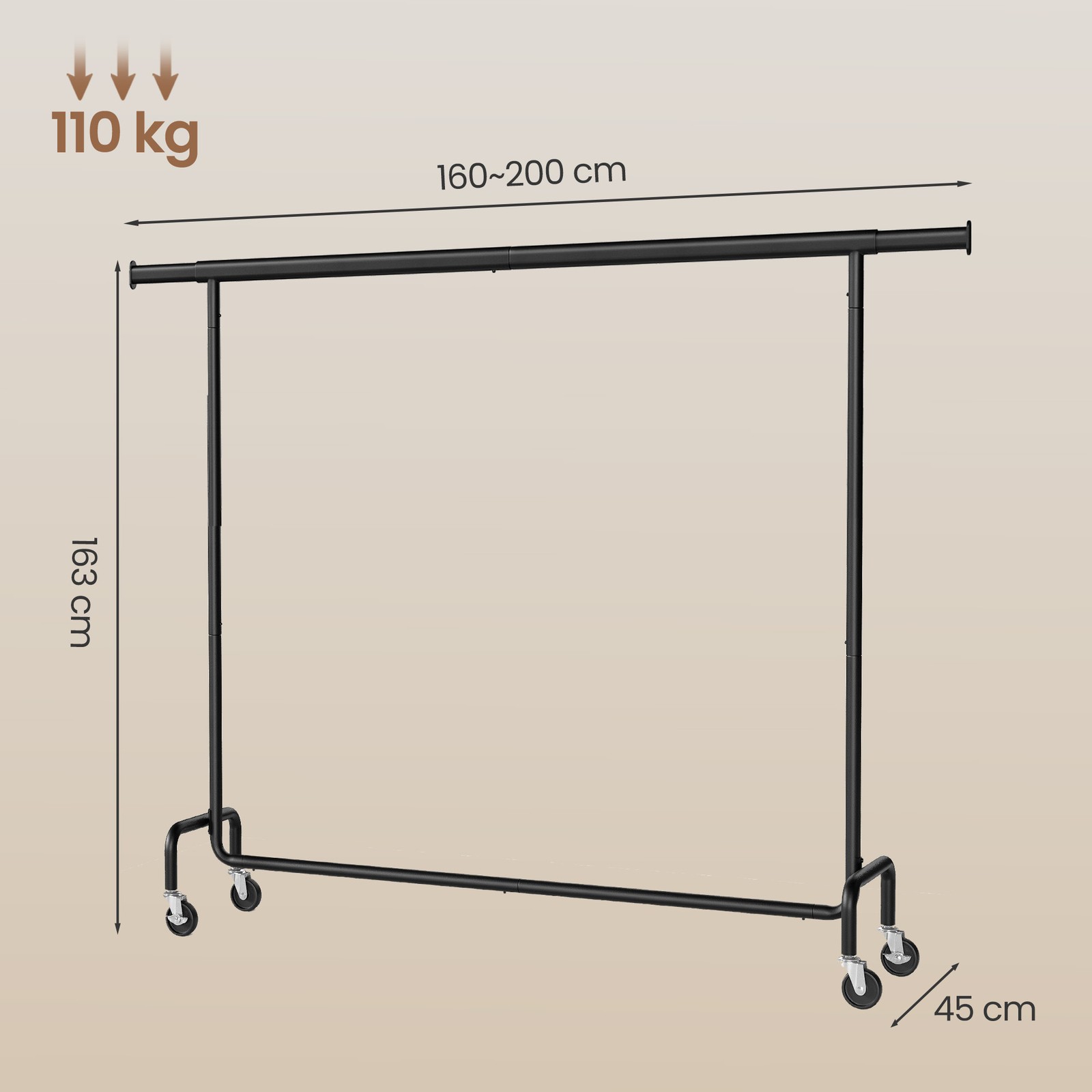 Drēbju statīvs uz riteņiem ar izvelkamu stieni, tērauda, melns, 45 x 160–200 x 162,9 cm - Image 3