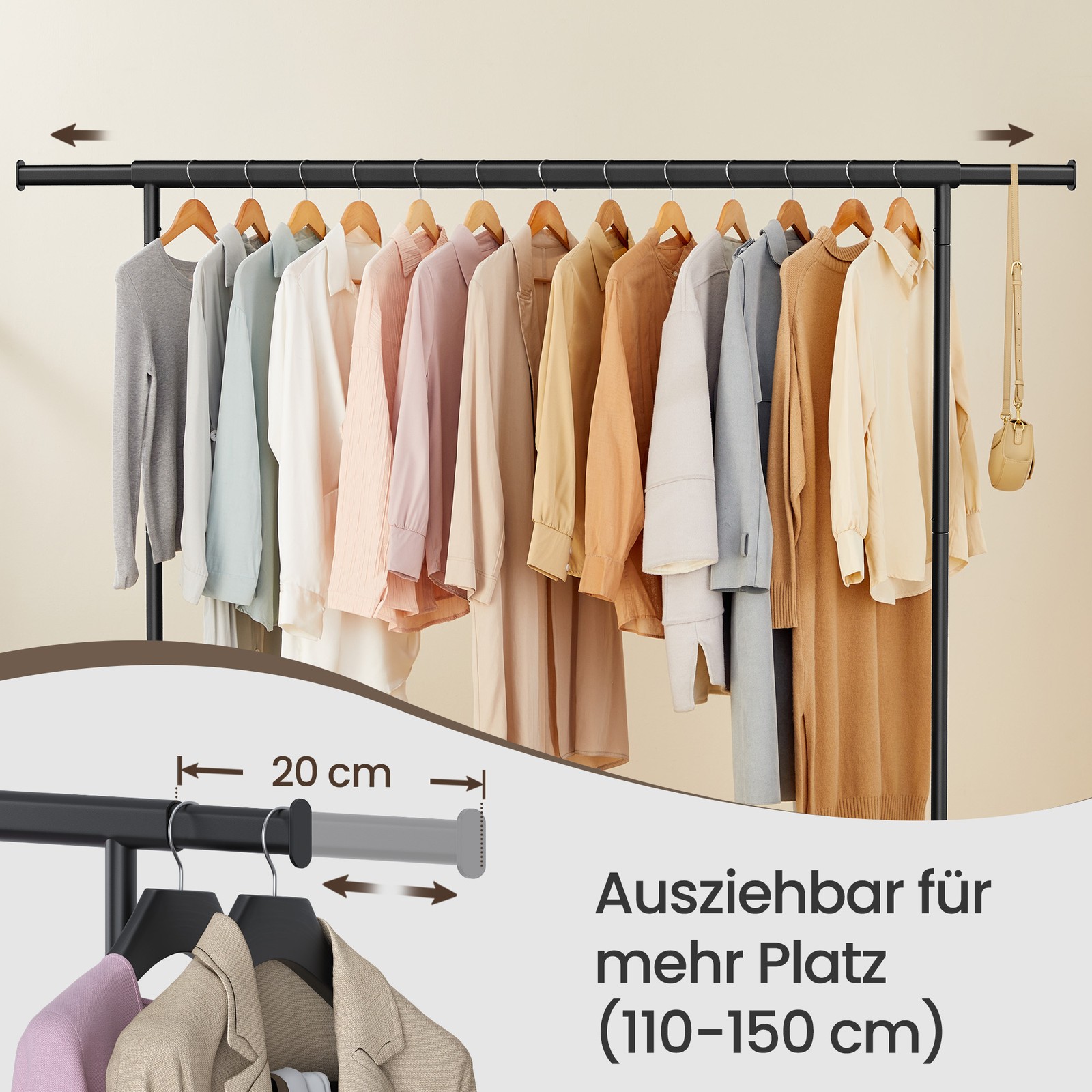 Drēbju statīvs uz riteņiem ar izvelkamu stieni, tērauda, melns, 45 x 160–200 x 162,9 cm - Image 5
