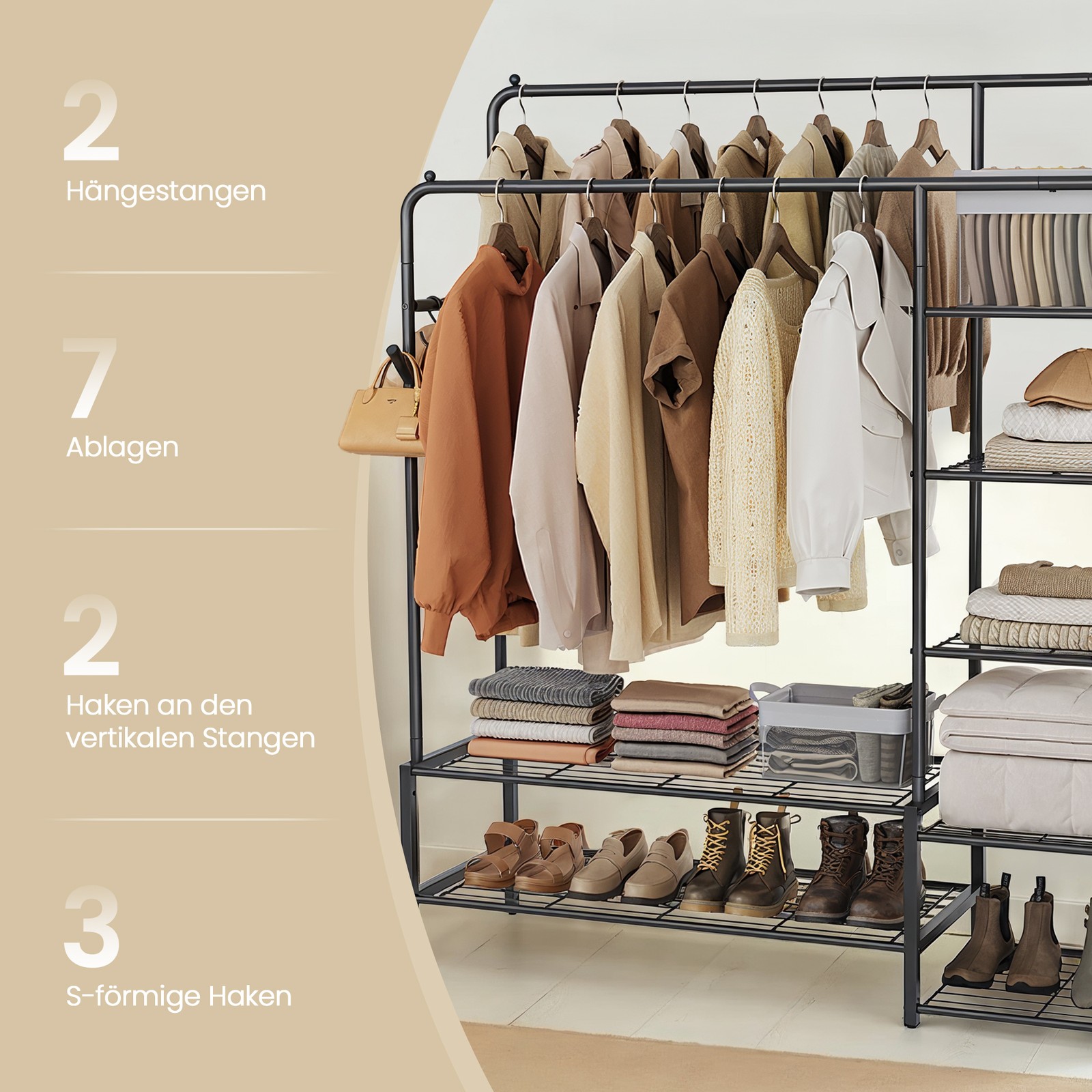 Riidestange avatud garderoob 7 riiuliga, teras, must, 45 x 115,8 x 172,8 cm