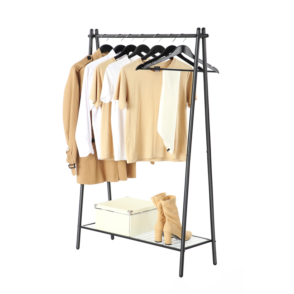 Riidestange alumise riiuliga, terasest, mattmust, 92,5 x 33,5 x 153 cm
