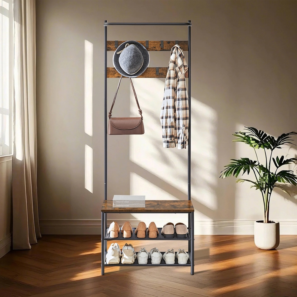Priekšnama pakaramais ar apavu soliņu, 32,2 x 64 x 180 cm, 9 noņemami āķi, brūns-melns