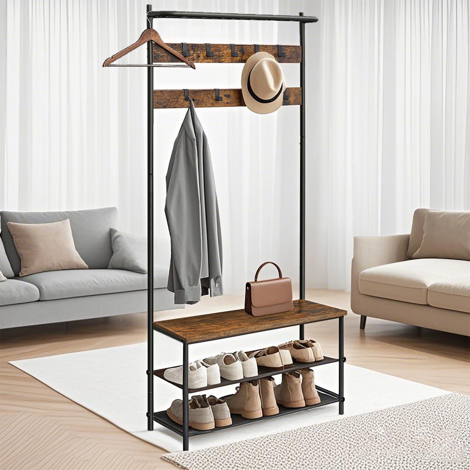 Priekšnama statīvs ar apavu soliņu, 32,2 x 84 x 180 cm, brūns-melns, 9 noņemami āķi - Image 2
