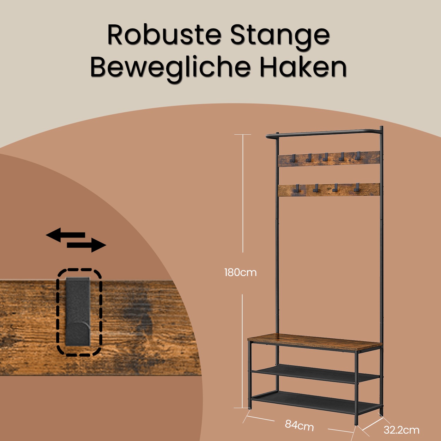 Priekšnama statīvs ar apavu soliņu, 32,2 x 84 x 180 cm, brūns-melns, 9 noņemami āķi - Image 6