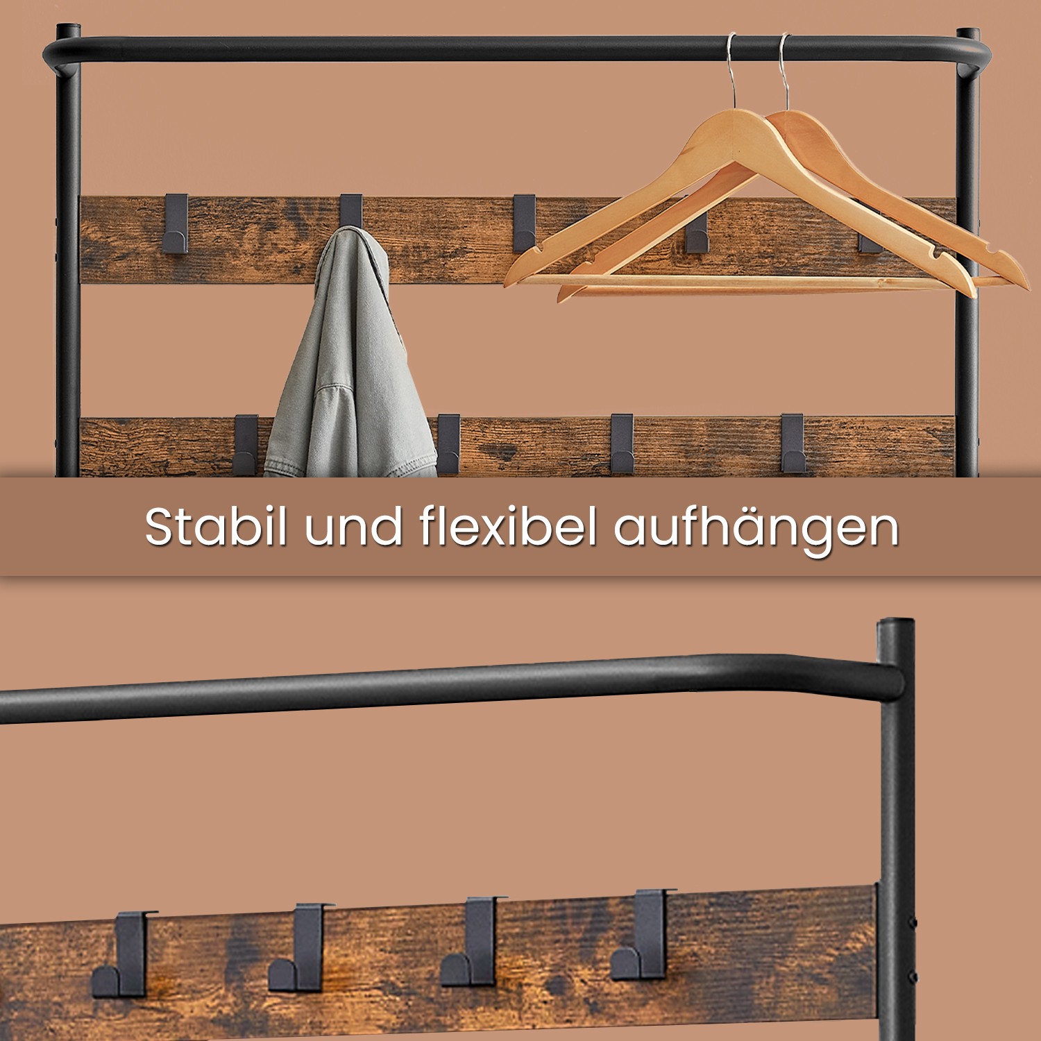 Priekšnama statīvs ar apavu soliņu, 32,2 x 84 x 180 cm, brūns-melns, 9 noņemami āķi - Image 4