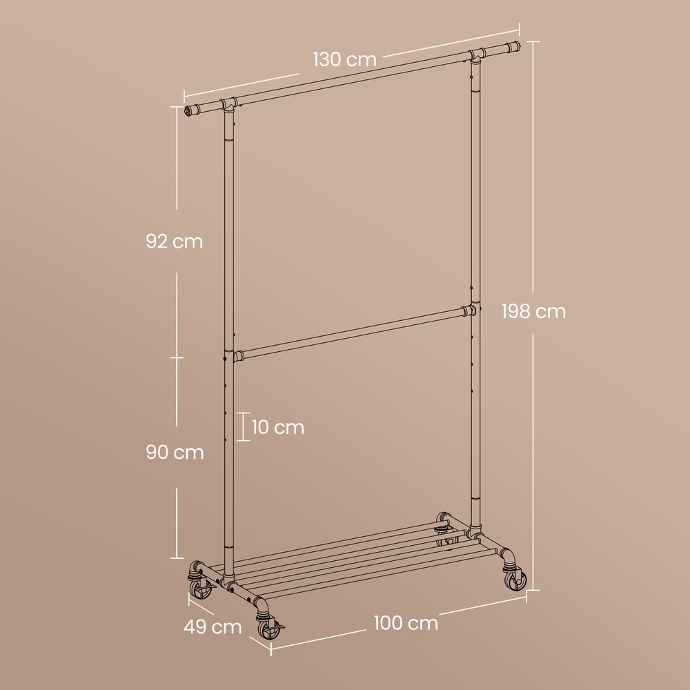 Vaateteline pyörillä, 2 tankoa, metallia, 130 x 49 x 198 cm, musta - Image 5