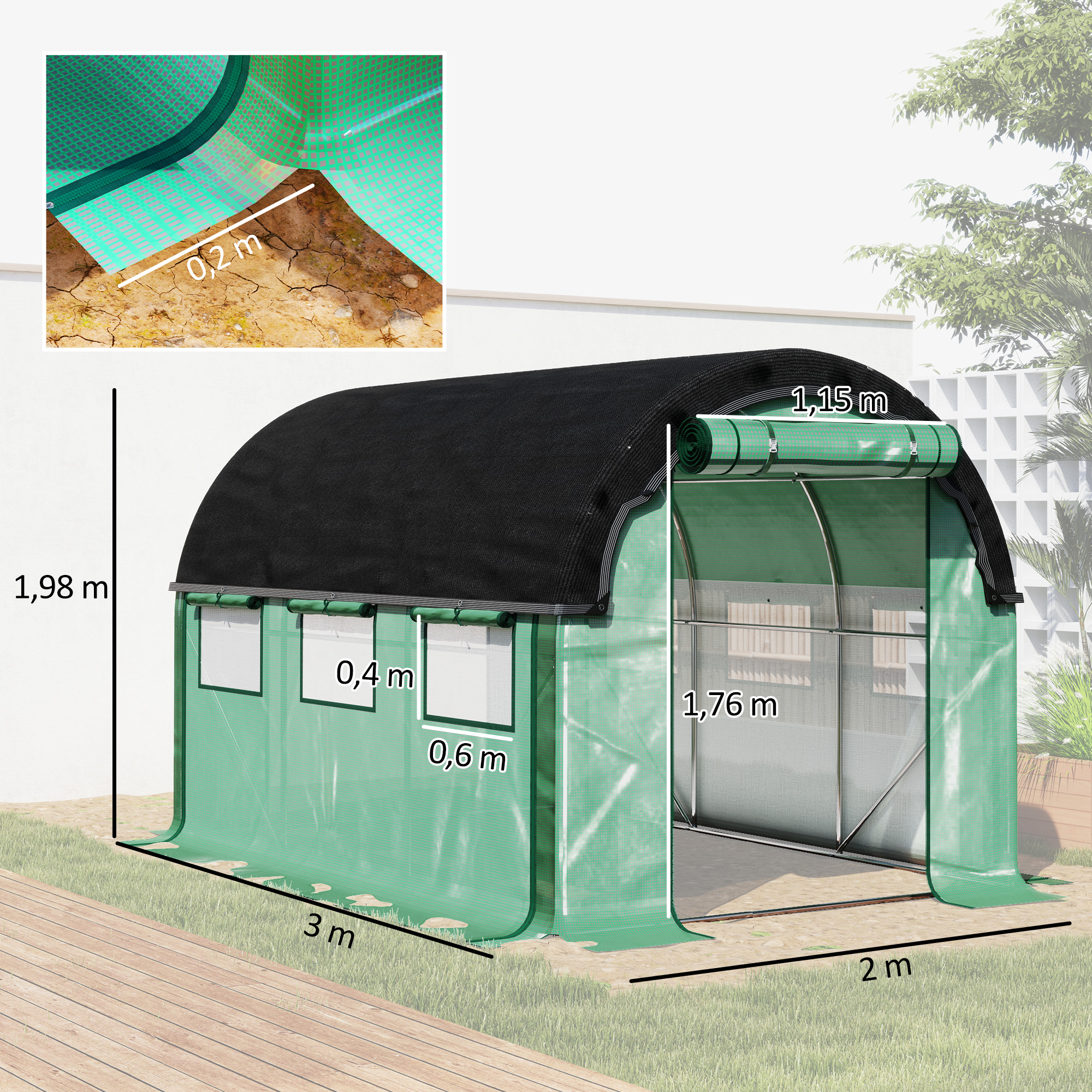 Polietilēna siltumnīca ar saules aizsargtīklu, 3 x 2 x 2 m, zaļa - Image 3