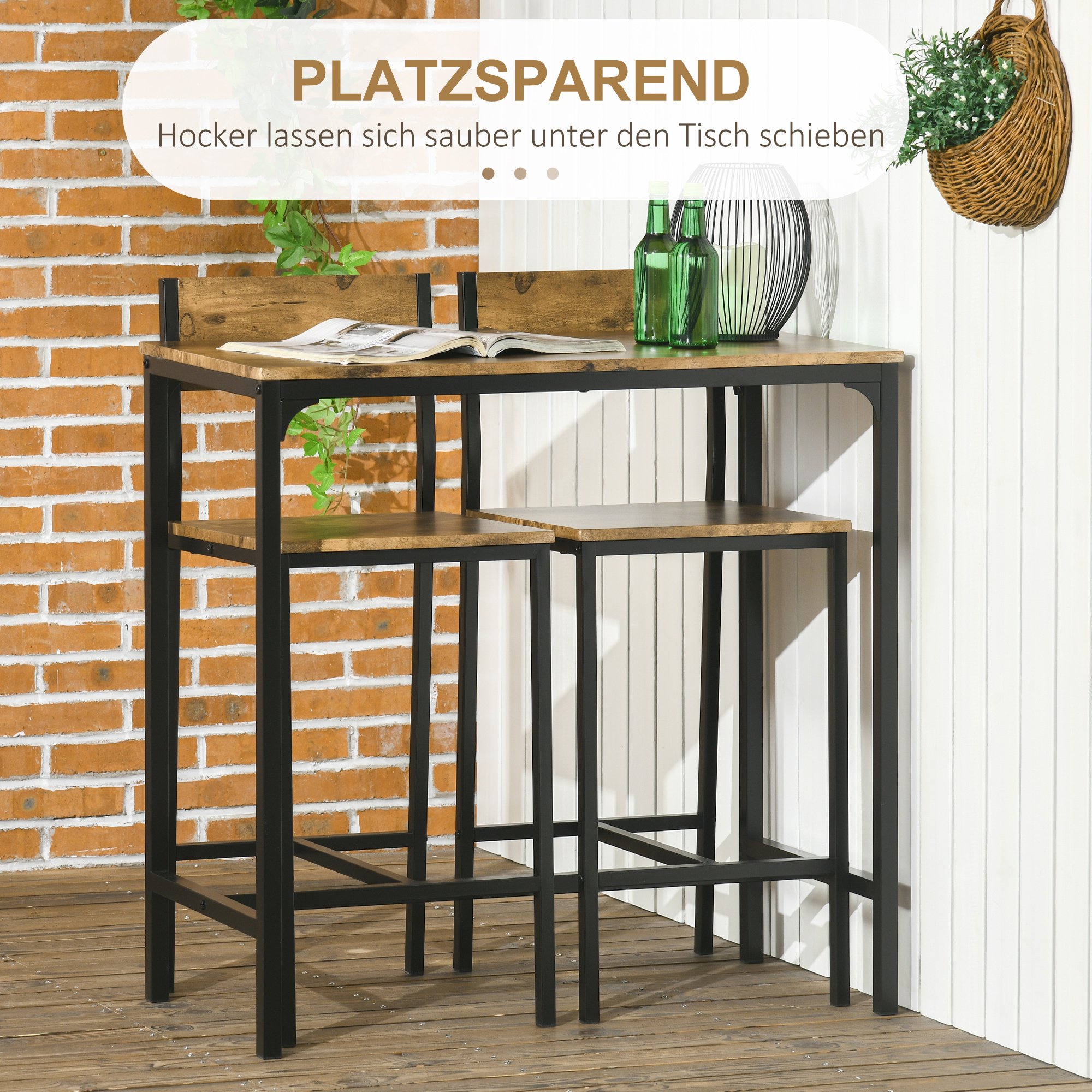 3-osainen baaripöytäsetti, korkea pöytä, 2 tuolia, MDF, metallirunko, ruskea-musta - Image 4