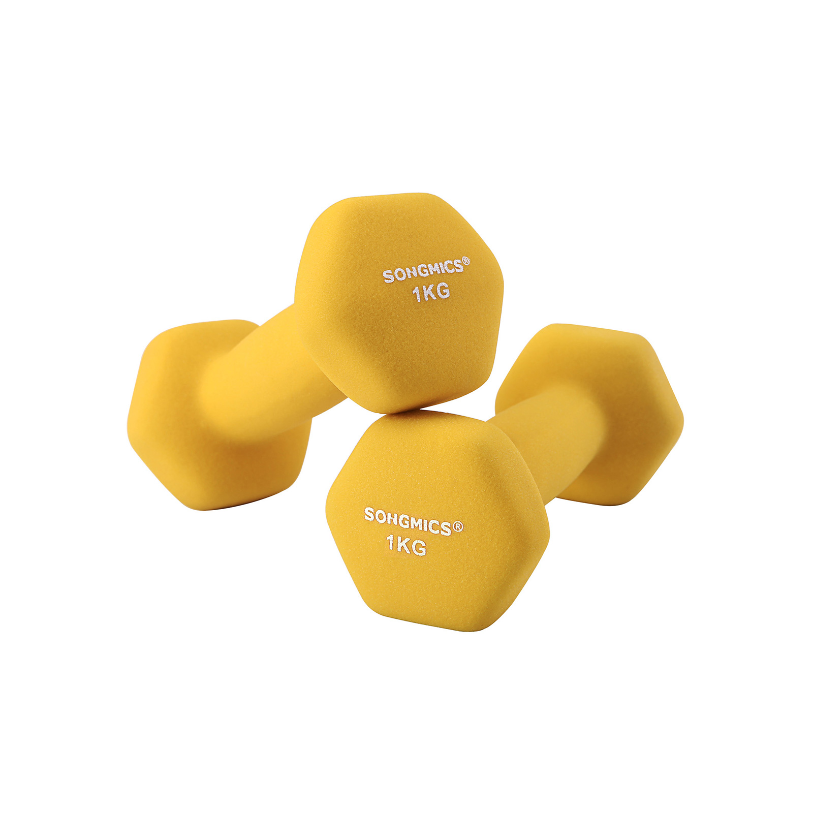 Käsipainosetti, 2 kpl, 1 kg/kpl, keltainen, valurauta vinyylipinnoitteella