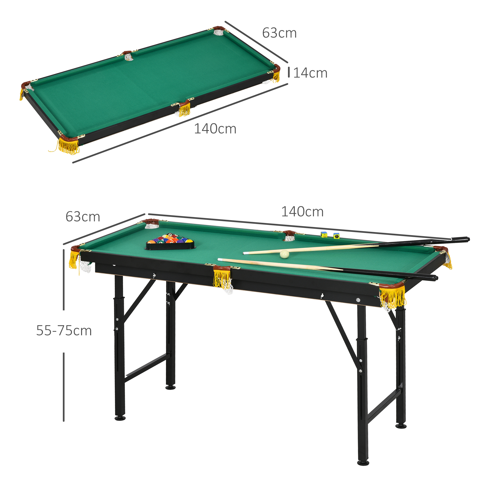 Salokāms biljarda galds ar regulējamu augstumu, zaļš, 140 x 63 x 55-75 cm, ar 2 nūjām un 16 bumbām - Image 3