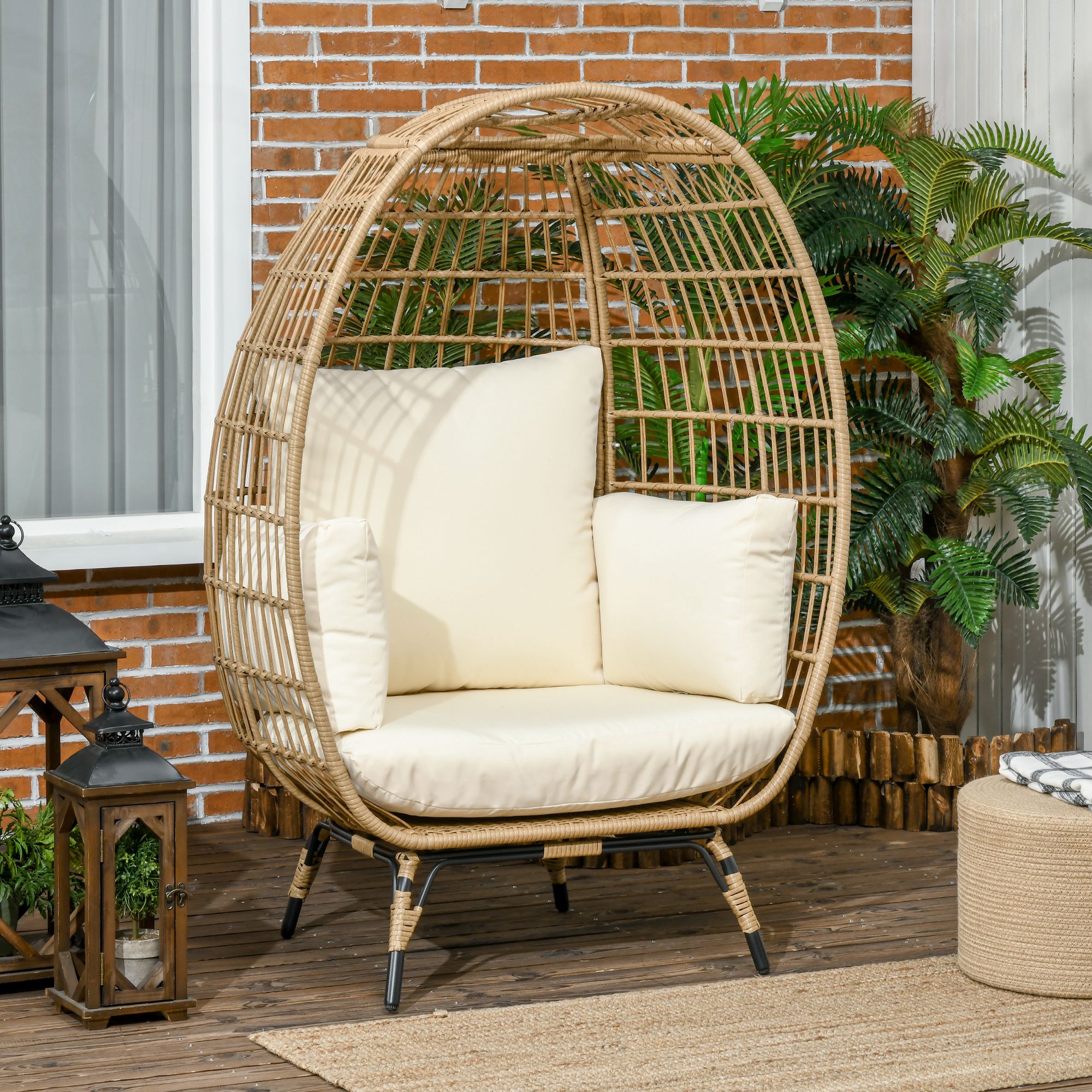 Kabantis kiaušinio formos krėslas iš ratano imitacijos, khaki ir beige, 105 x 90 x 148 cm - Image 2