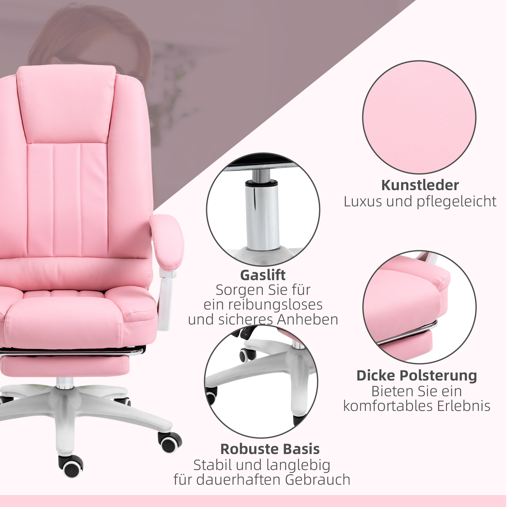 Biroja krēsls ar kāju balstu, regulējama atzveltne, augstumā regulējams, 5 ritentiņi, rozā / balts - Image 6