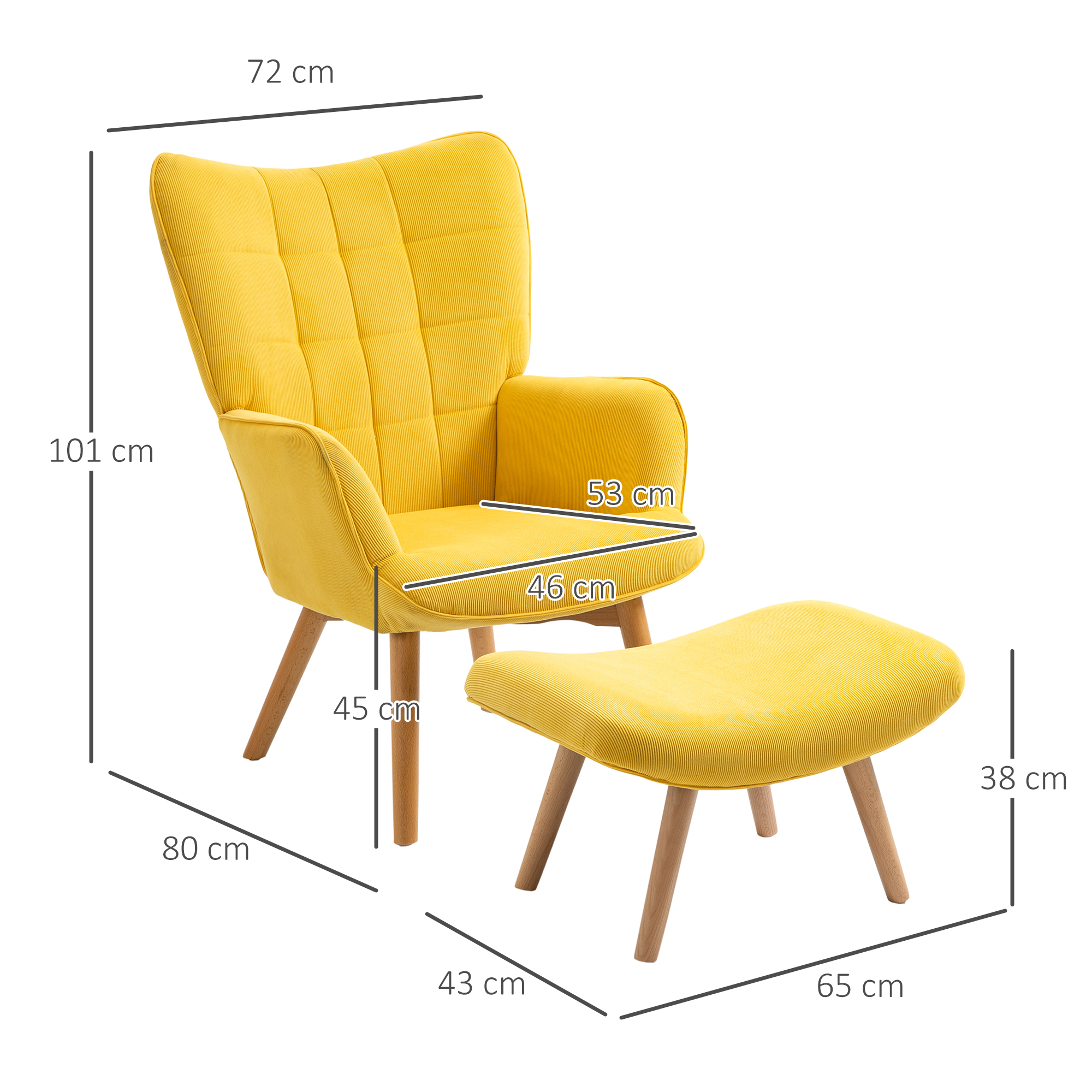 Akcenta krēsls ar kāju balstu, dzeltens, korduroja tipa, 72 x 80 x 101 cm - Image 3