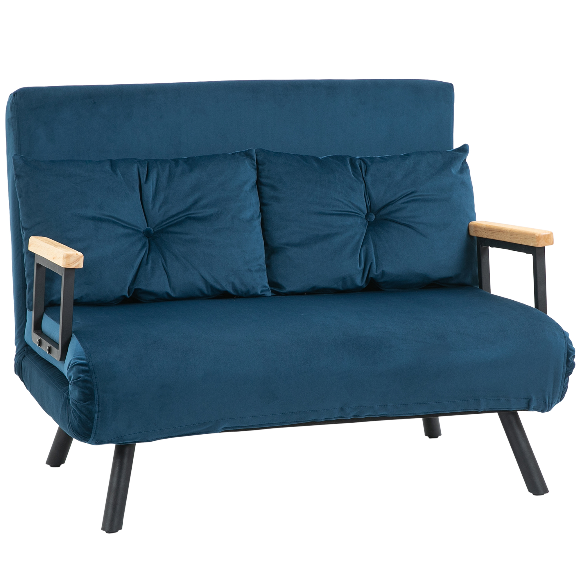 Miegamoji sofa, 2 vietų sofa, aksomo išvaizda, mėlyna, 2 pagalvės