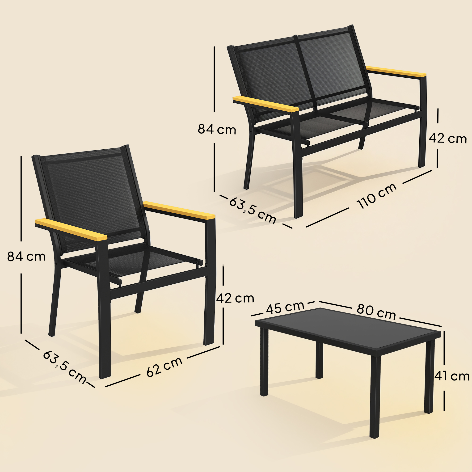 Dārza mēbeļu komplekts 4 personām, metāls, melns, 110 x 63,5 x 84 cm - Image 3