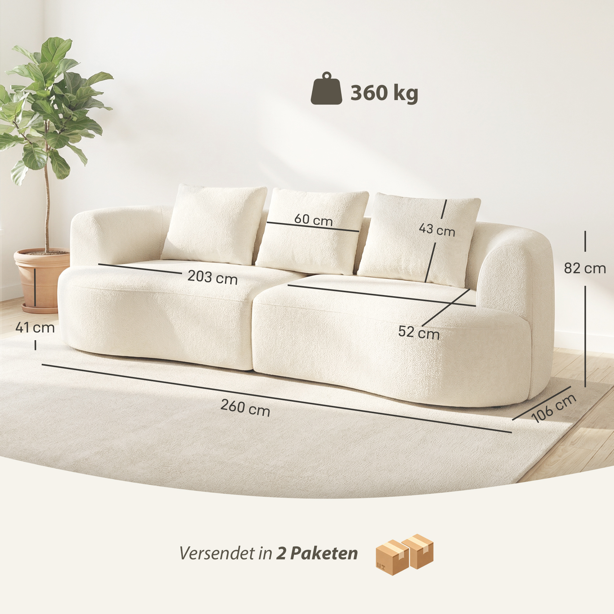 3-istuttava sohva, 260 cm, kermanvalkoinen, chenille, 3 tyynyllä - Image 3