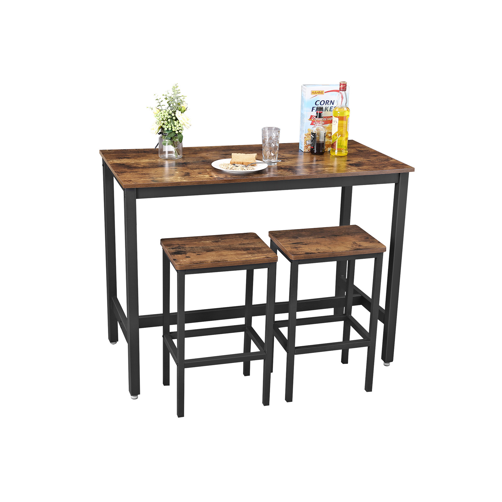 Bāra galda komplekts ar 2 bāra krēsliem, industriāls dizains, 120 x 60 x 90 cm, tumši brūns - Image 2