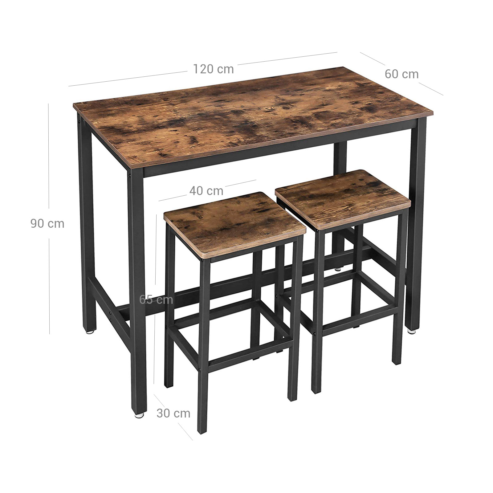 Bāra galda komplekts ar 2 bāra krēsliem, industriāls dizains, 120 x 60 x 90 cm, tumši brūns - Image 7